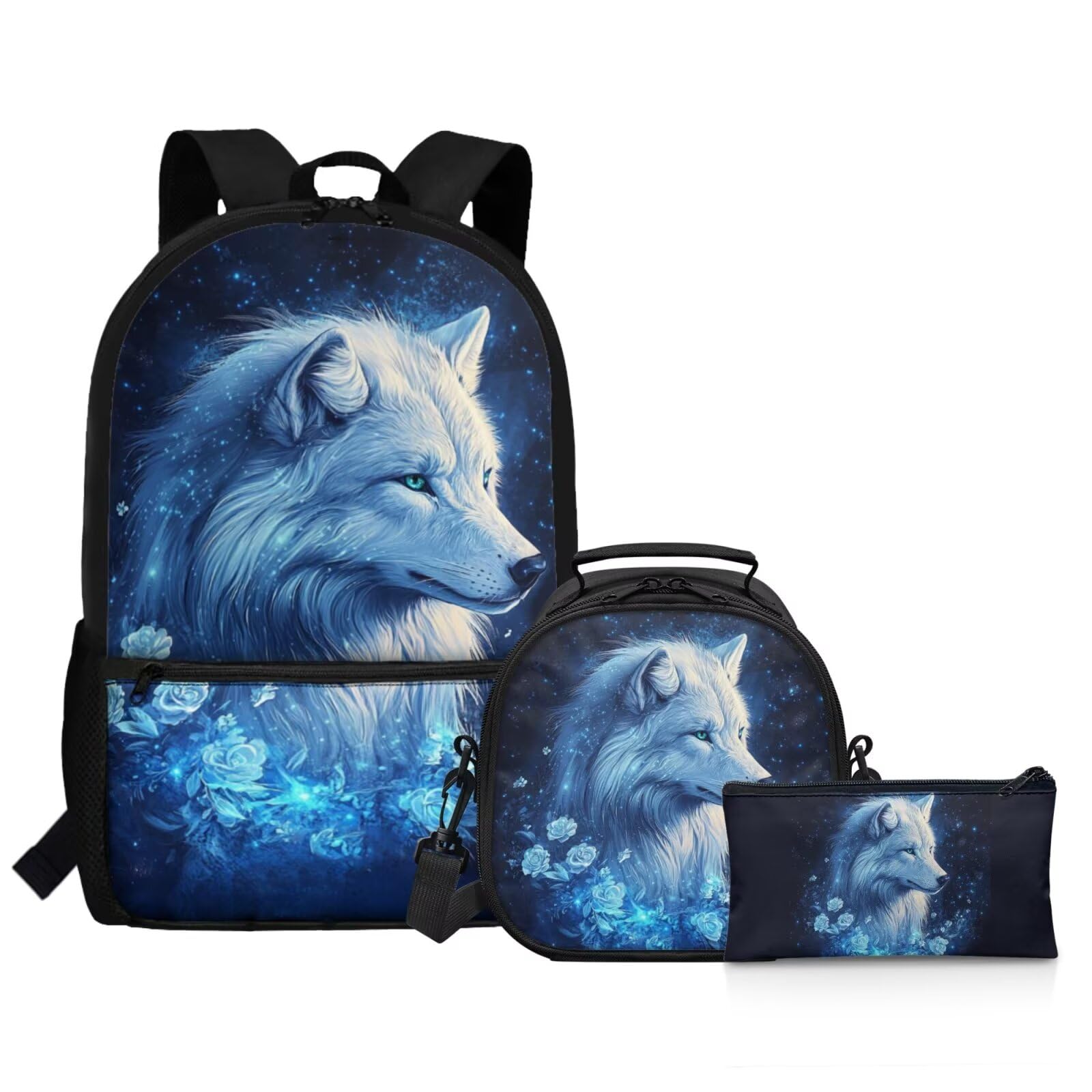 Showudesigns Rose Wolf Backpack for Girls 8-12 12-14 Elementary Bookbag with Lunch Box Pencil Case Middle High School Bag Packs for Kids Teenager