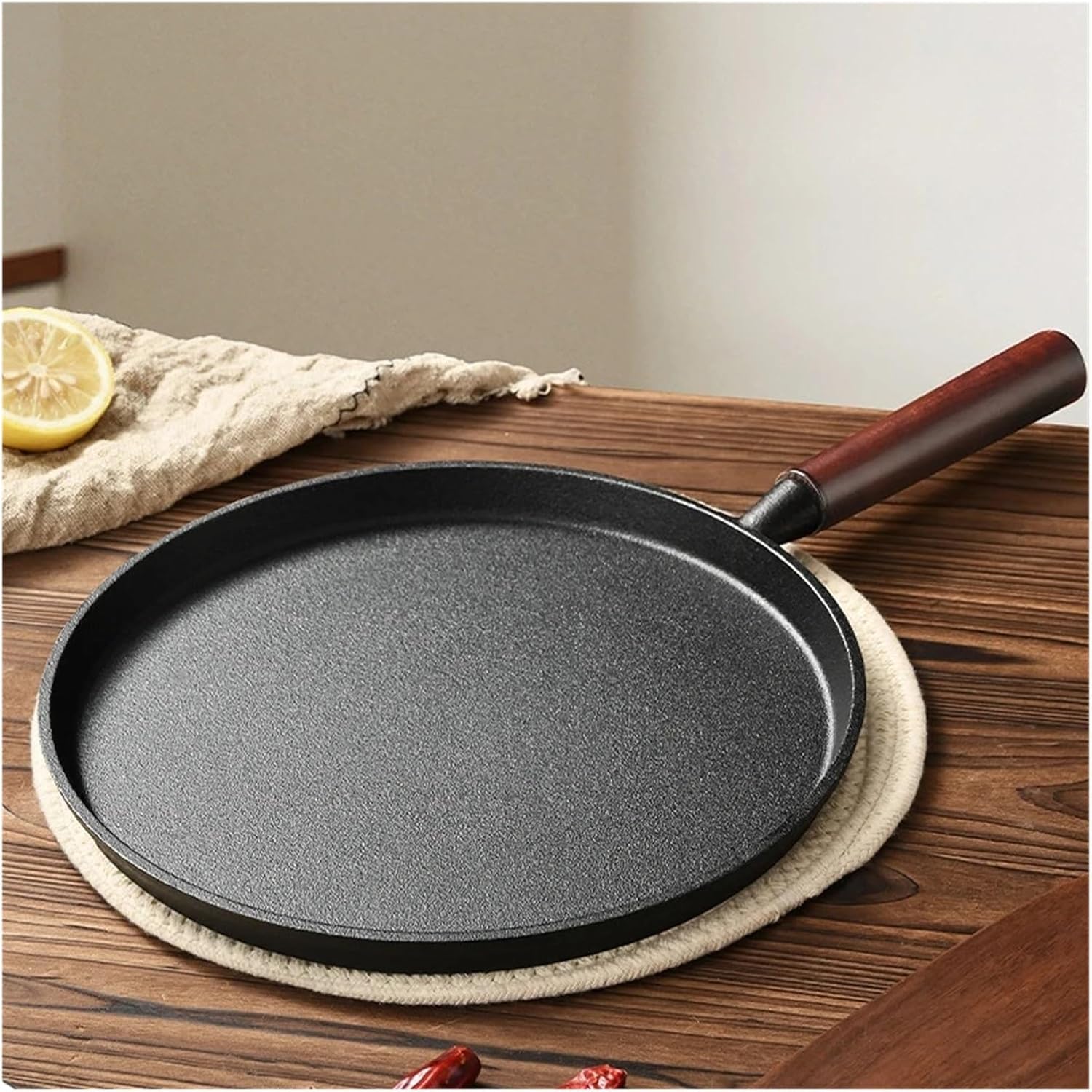 20/23/26cm Cast Iron Flat Pan, Household Uncoated Pancake Pan, Hand-held Pancake, Non-stick Pancake, Kitchen Baking Tool(Beech wood 23cm)