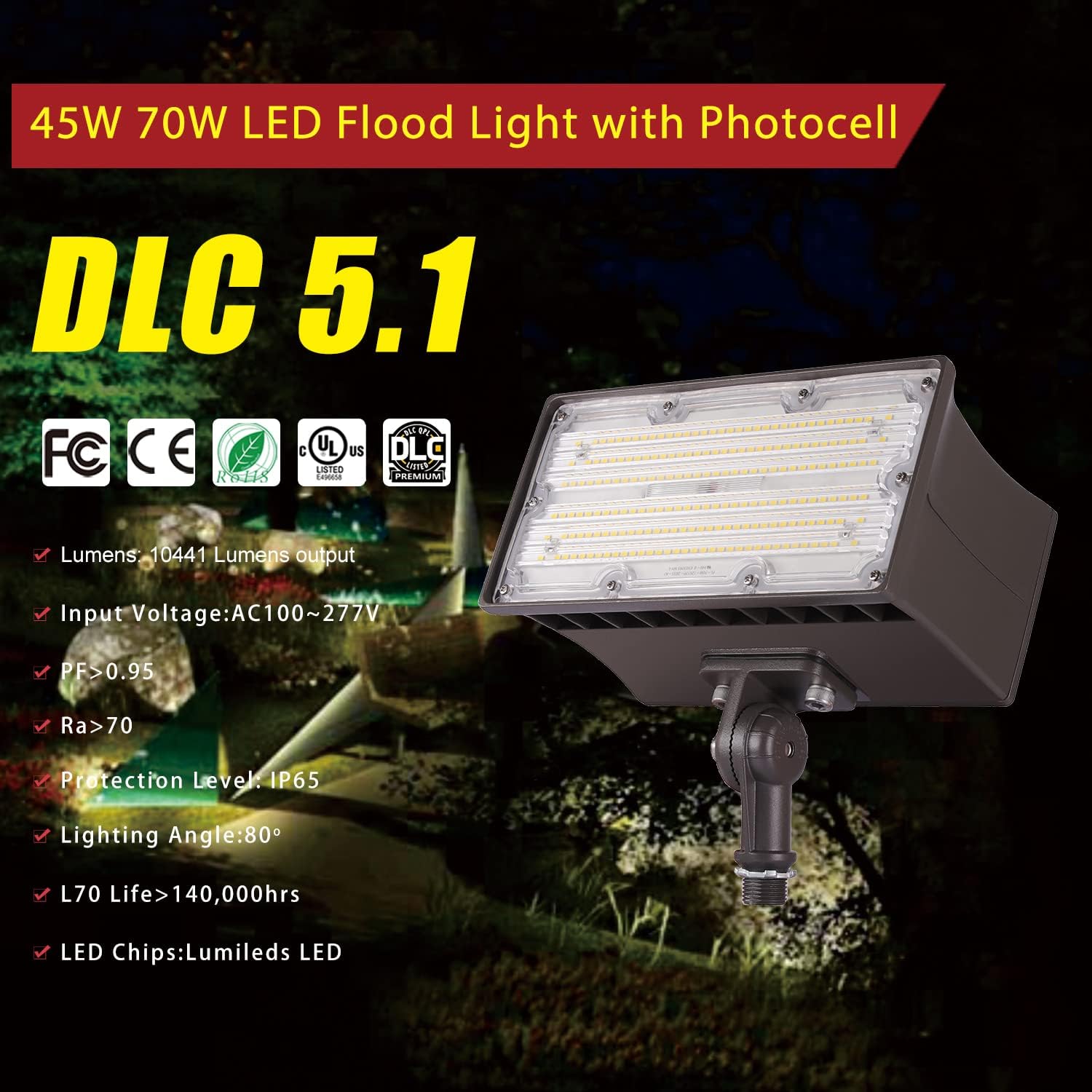 1000LED 70W LED Flood Light Photocell Sensor Outdoor Spot Light Supper Bright 150Lm/W 5000K AC120-277V Waterproof IP65 UL DLC Certificate for Commercial and Residential Area