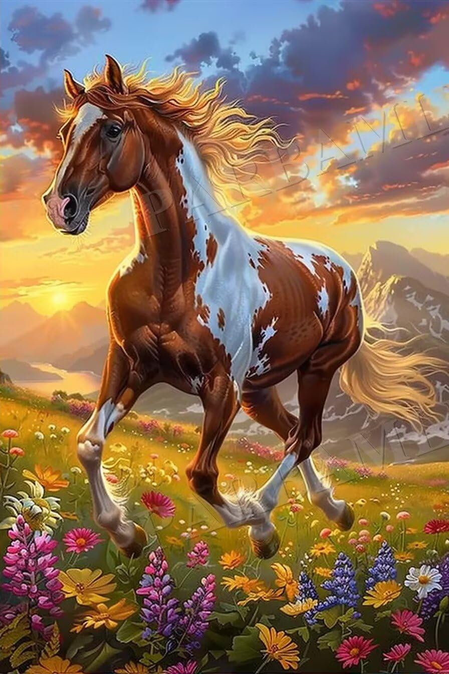 Diamond Painting Full Round Diamond Covered Digital Crystal Horse running in a Sea of Flowers Paintings Glorious Wall Art and Unique Holiday Gifts (Multiple Sizes 20X24 Inch) Room Decor