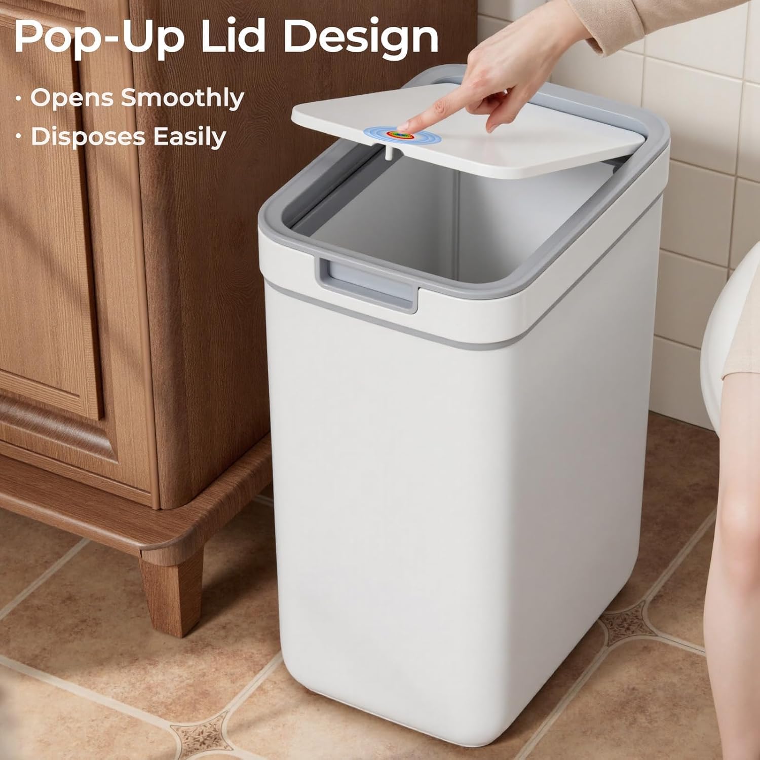 Spreezy 2 Pack Small Trash Can with Lid(3.6 Gal & 2.4 Gal), Bathroom Garbage Can with Hidden Trash Bag Storage, Slim Waste Basket for Bathroom, Bedroom, Office, Living Room, Car, White