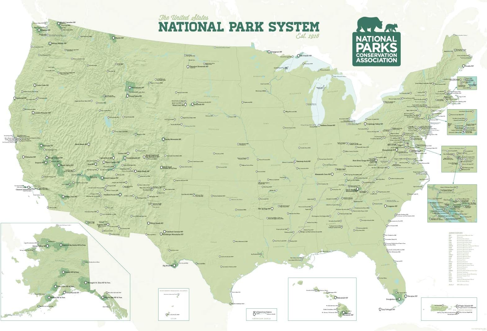 NPCA National Park System Units Map 24x36 Poster (Sage & White)