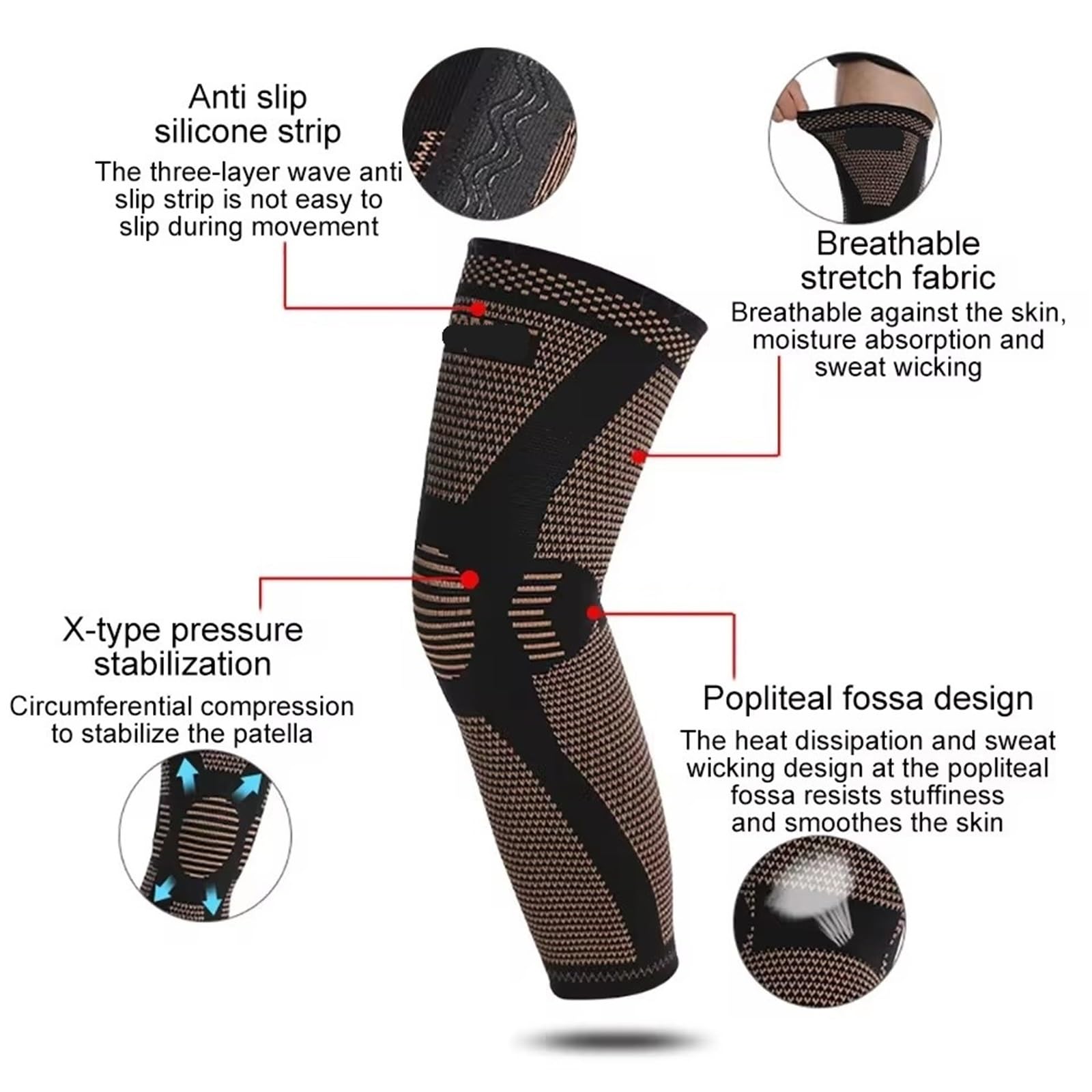 Manchons de compression pour jambe complète Genouillères chaudes allongées, extensibles, absorbant la sueur, tissu en Nylon tricoté cuivre respirant sous pression, Silicone antidérapant