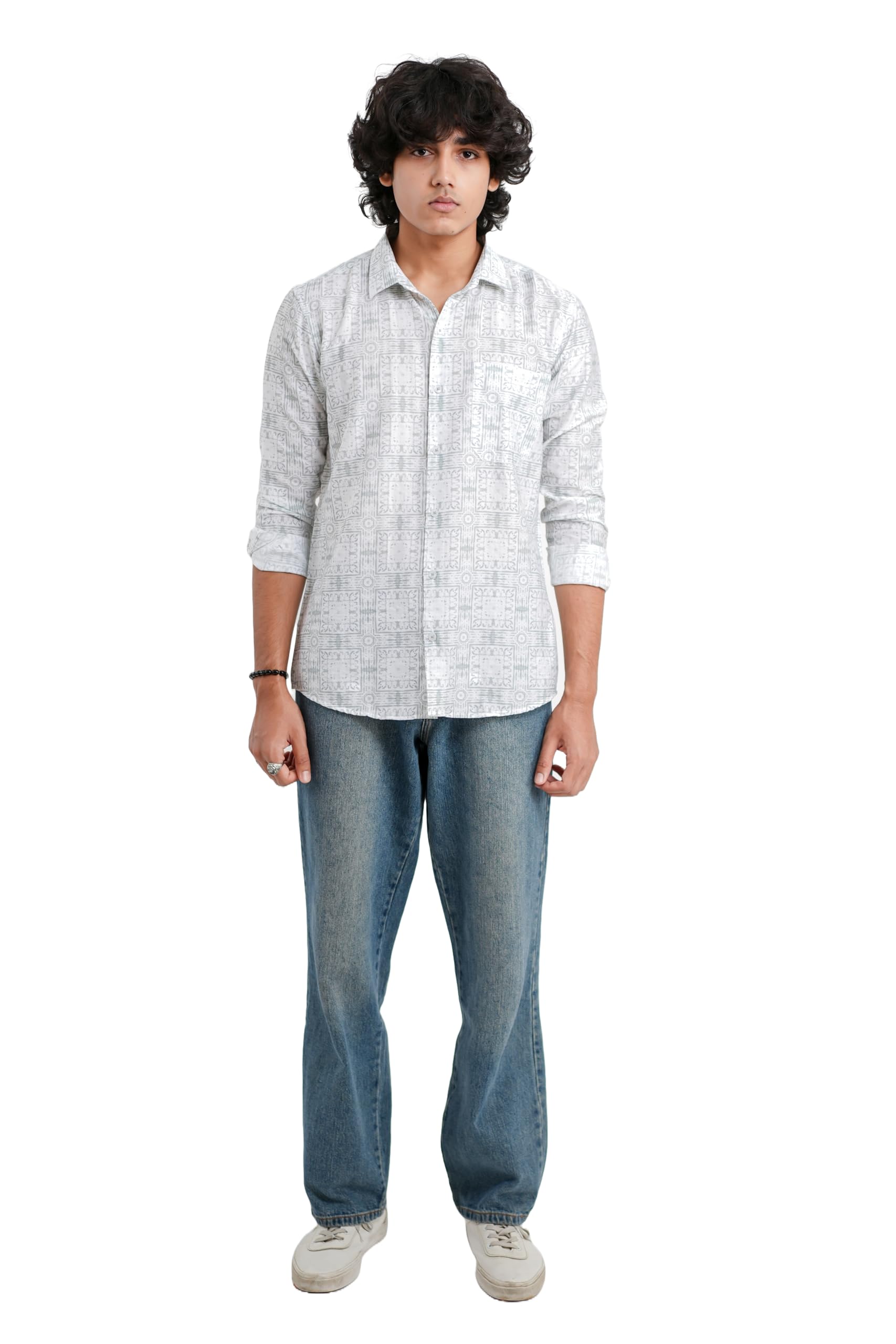 R.A.E.R Men's Geometric Print Shirt, Full-Sleeves, Button-Down, Regular Fit, White-Green