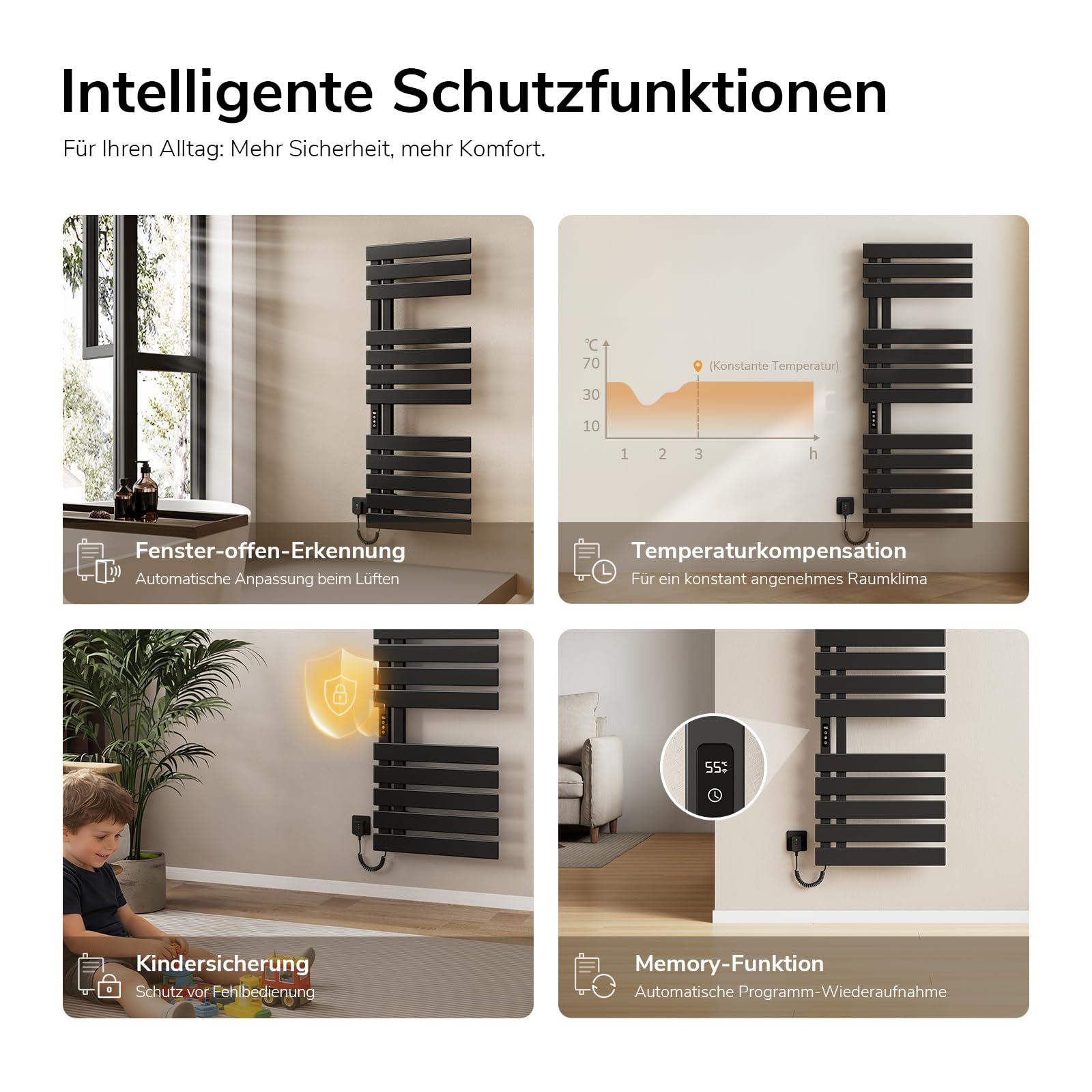 EMKE Elektrischer Handtuchheizkörper 1300x500 mm, Intelligenter Handtuchwärmer mit WiFi-App-Steuerung, Timer & Thermostat, Badheizkörper zur Wandmontage, 440 Watt, IP45, Schwarz
