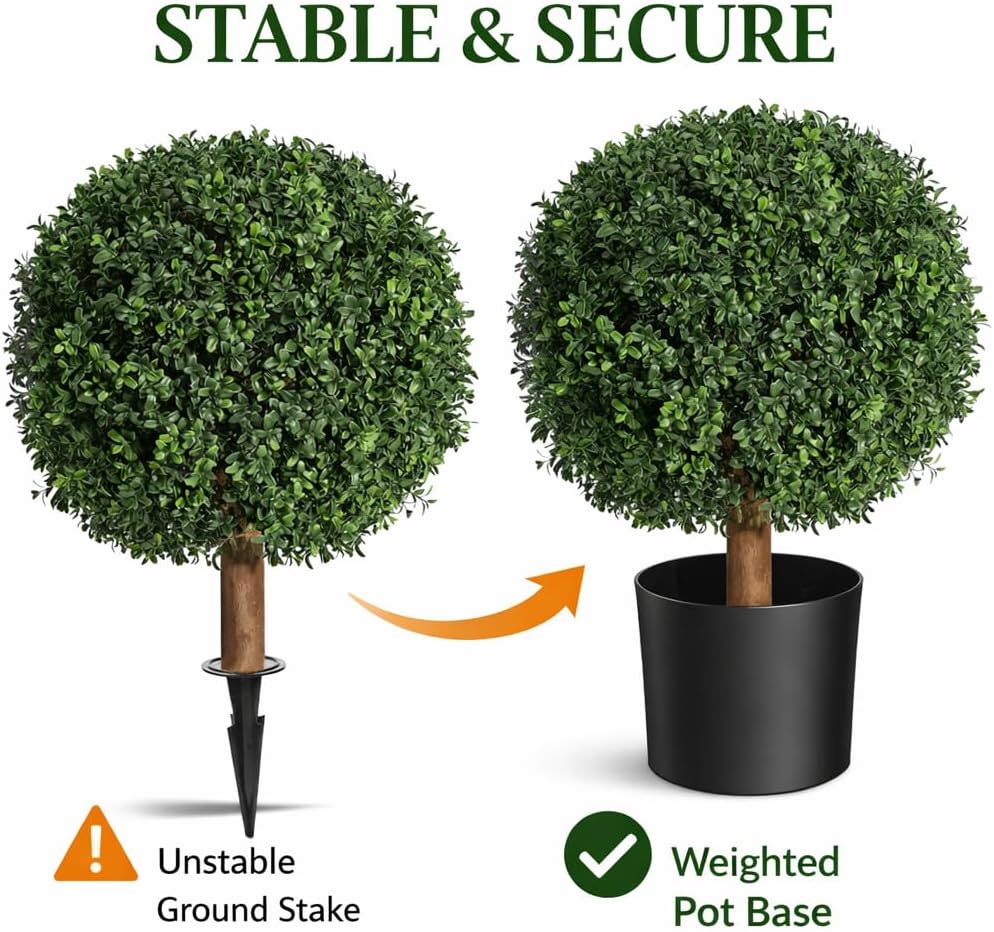 Real Touch Leaves Artificial Topiary Trees, 24" T with 17" W Faux Boxwood, Set of 2 UV Resistant Plants, Decorative Indoor Outdoor Trees with 6"x5" Pots for Home, Office, and Garden Decor