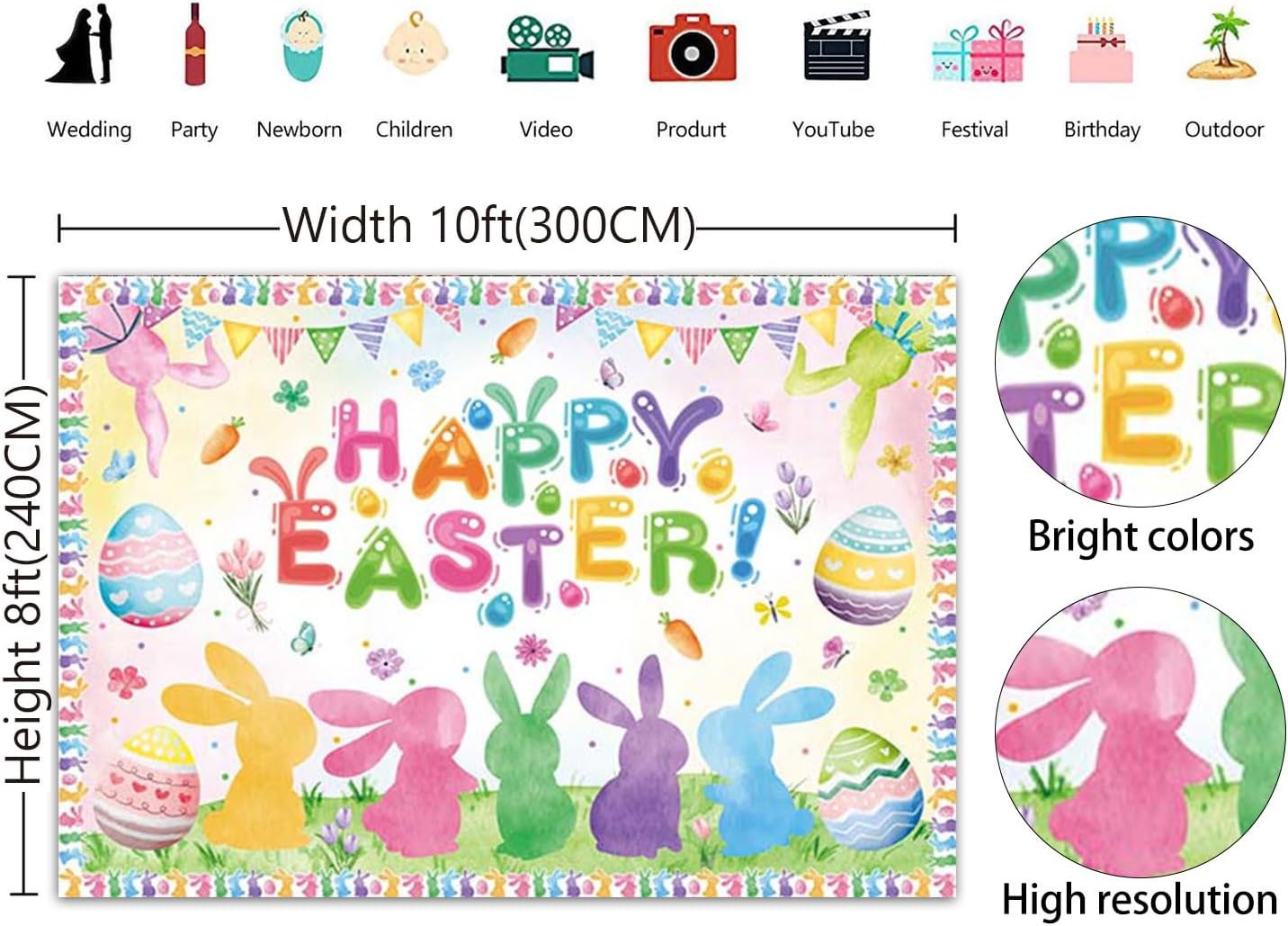 Happy Easter Banner Backdrop Watercolor Easter Bunny Rabbit Photoshoot Background Spring Colorful Eggs Green Grass Party Decoration Banner Photo Supplies (120x96inch (10x8FT))