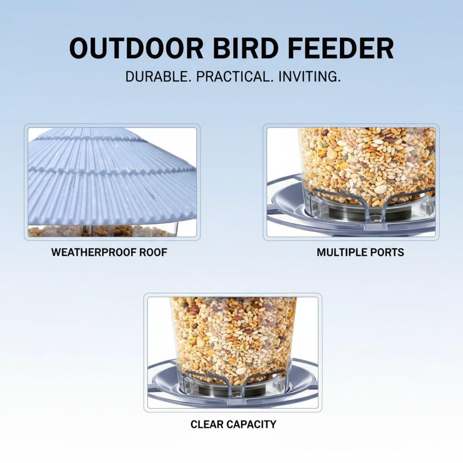 Comedero colgante para pájaros para exteriores, 7.1 x 6.5 pulgadas, comedero automático para pájaros, gran capacidad con múltiples puertos de alimentación, techo resistente a la intemperie, fácil de