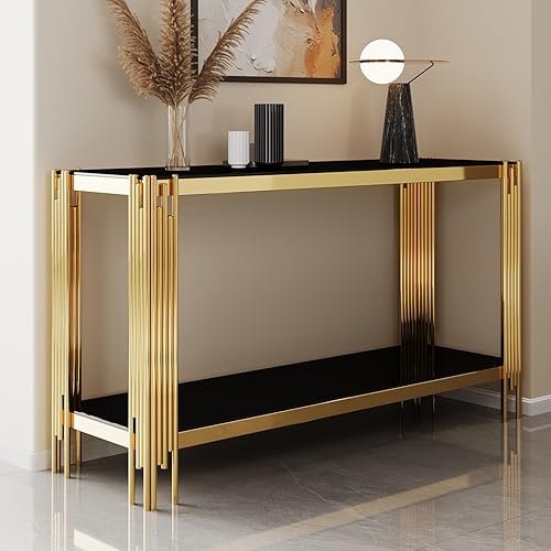 Miniatura 16 de Moderna mesa consola de cristal de 2 niveles, mesa de sofá de lujo con parte superior de vidrio templado transparente con patas plateadas brillantes