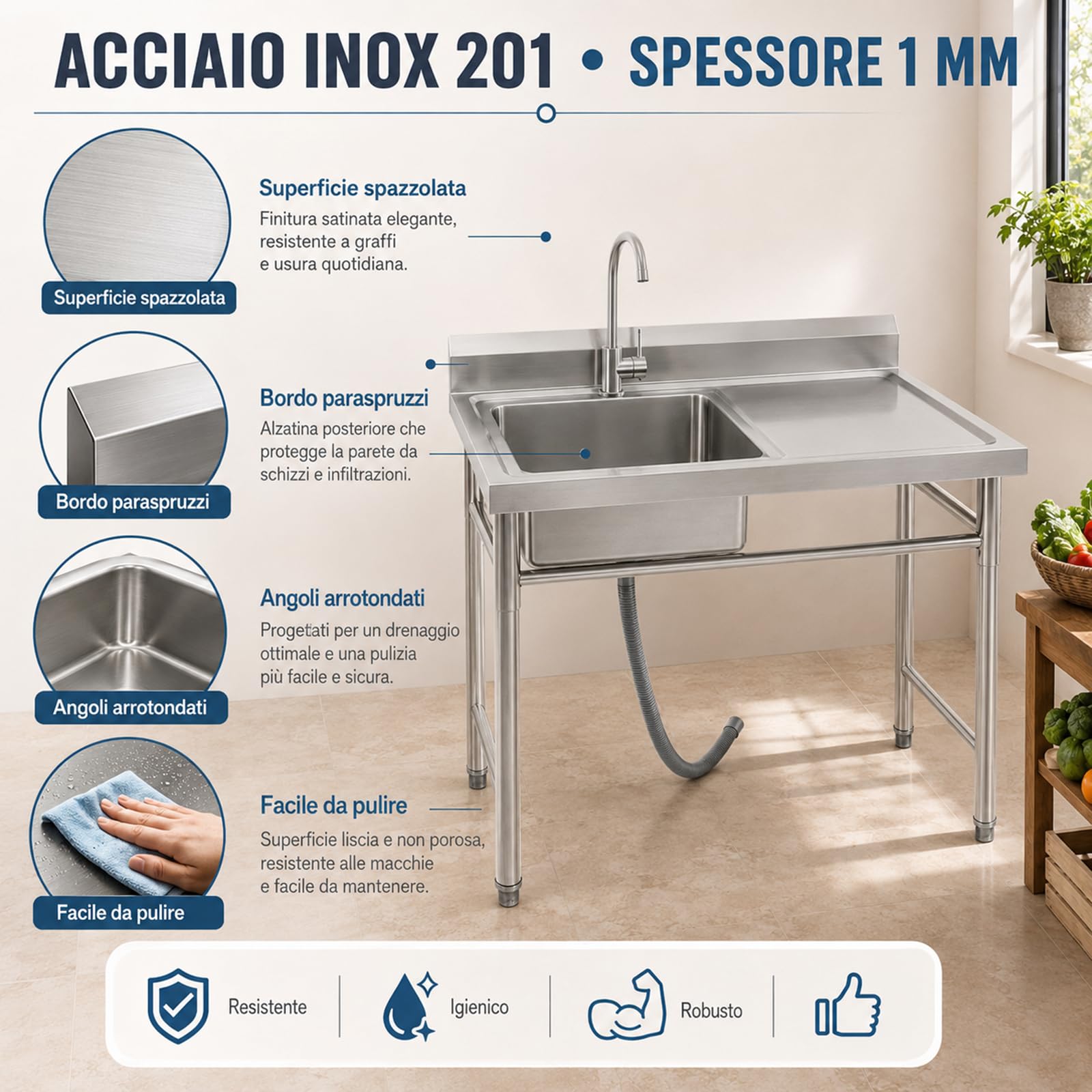 Lavello Inox Professionale 100x60x93 cm Vasca Sinistra e Rubinetto | Vasca sinistra con piano laterale, rubinetto 360°, scarico filtrato, piedini regolabili, struttura stabile fino a 200 kg