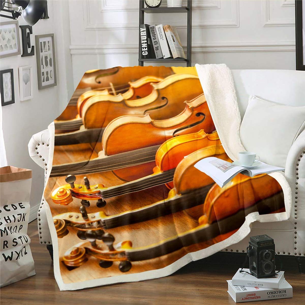 Loussiesd Violin Fleece Sherpa Blanket for Sofa Couch Classic Music Themed Plush Throw Blanket Brown Musical Pattern Fuzzy Blanket Room Decor Chic Instruments Print Flannel Blanket Single 50"x60"