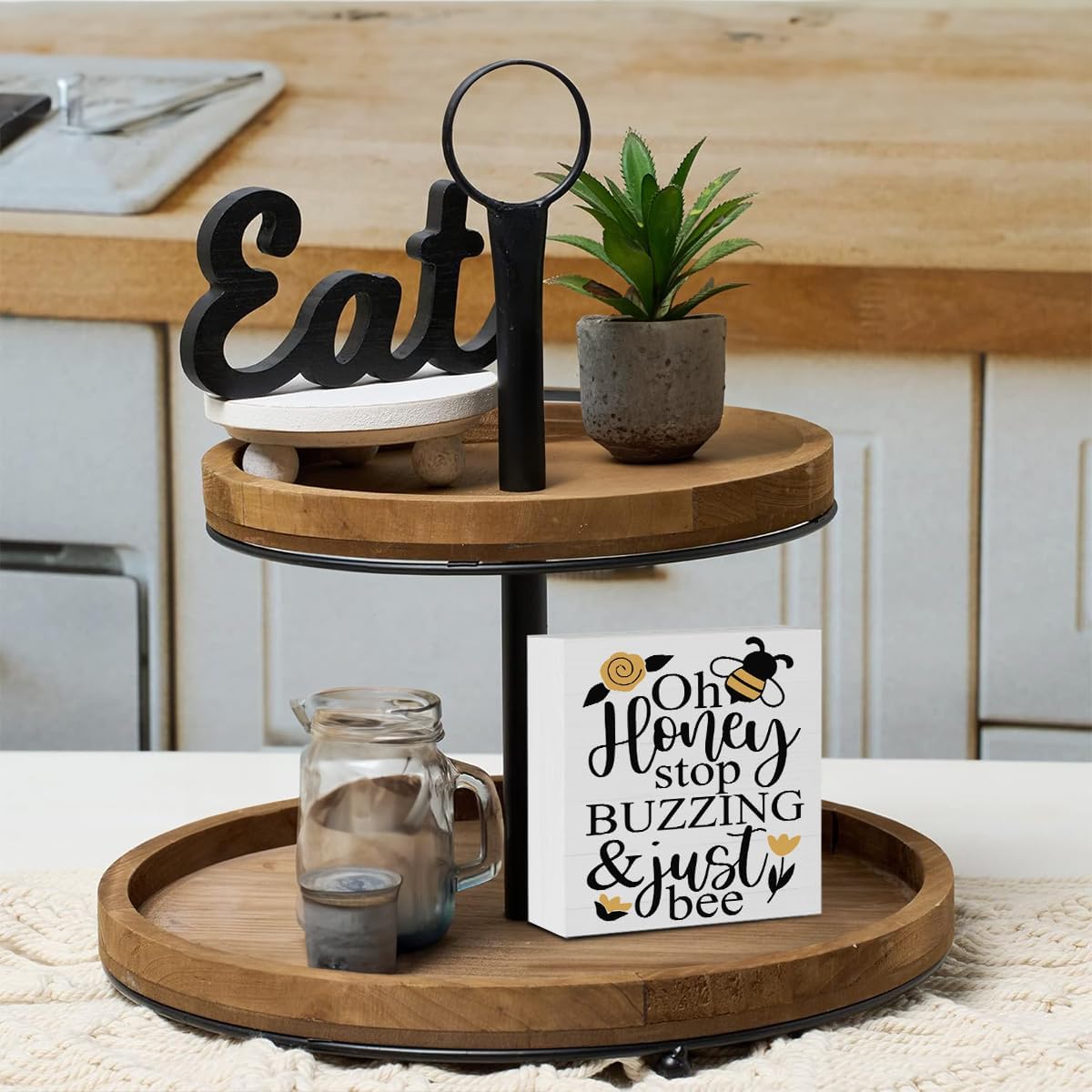 Summer Bee Sign Decor Bee Decorations for Home Oh Honey Wooden Box Sign Desk Accessories Home Office Bedroom Bathroom Teacher Classroom Decor 5 X 5 Inch image 5