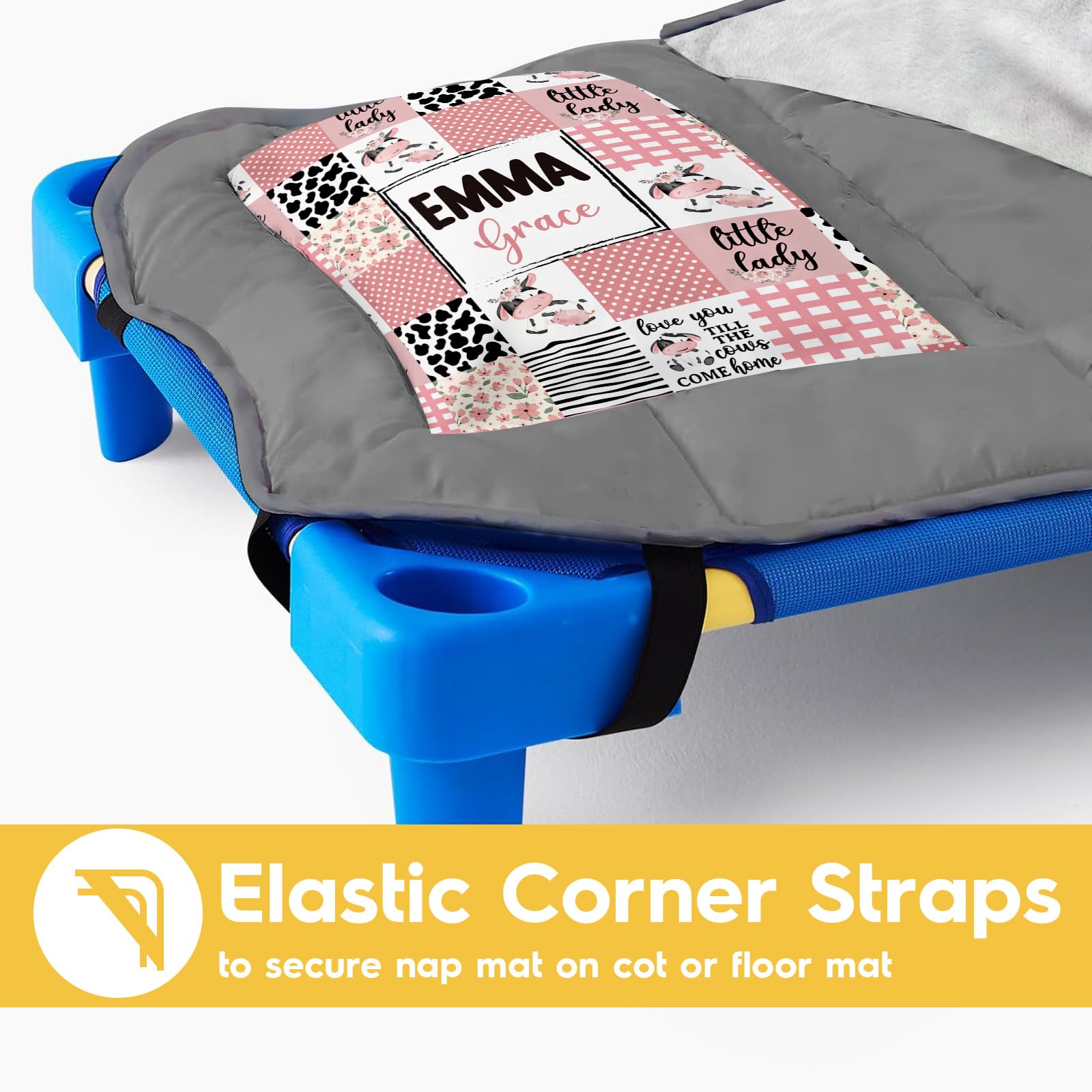 Custom Toddler Bedding Set - Personalized Name with Animals Plaid Nap Mat for Preschool, Roll Up Sleeping Bag with Flannel Blanket for Boys Girls Kids Daycare Gift Color09-Cow