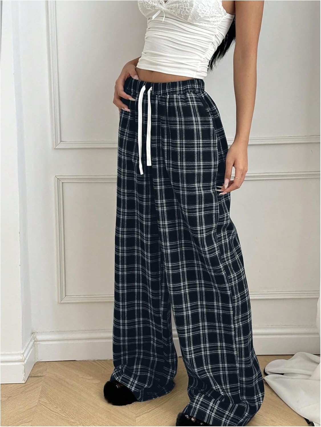 SweatyRocks Women's Plaid Wide Leg Baggy Pants Drawstring Elastic Waist Casual Palazzo Trousers with Pocket - Image 2
