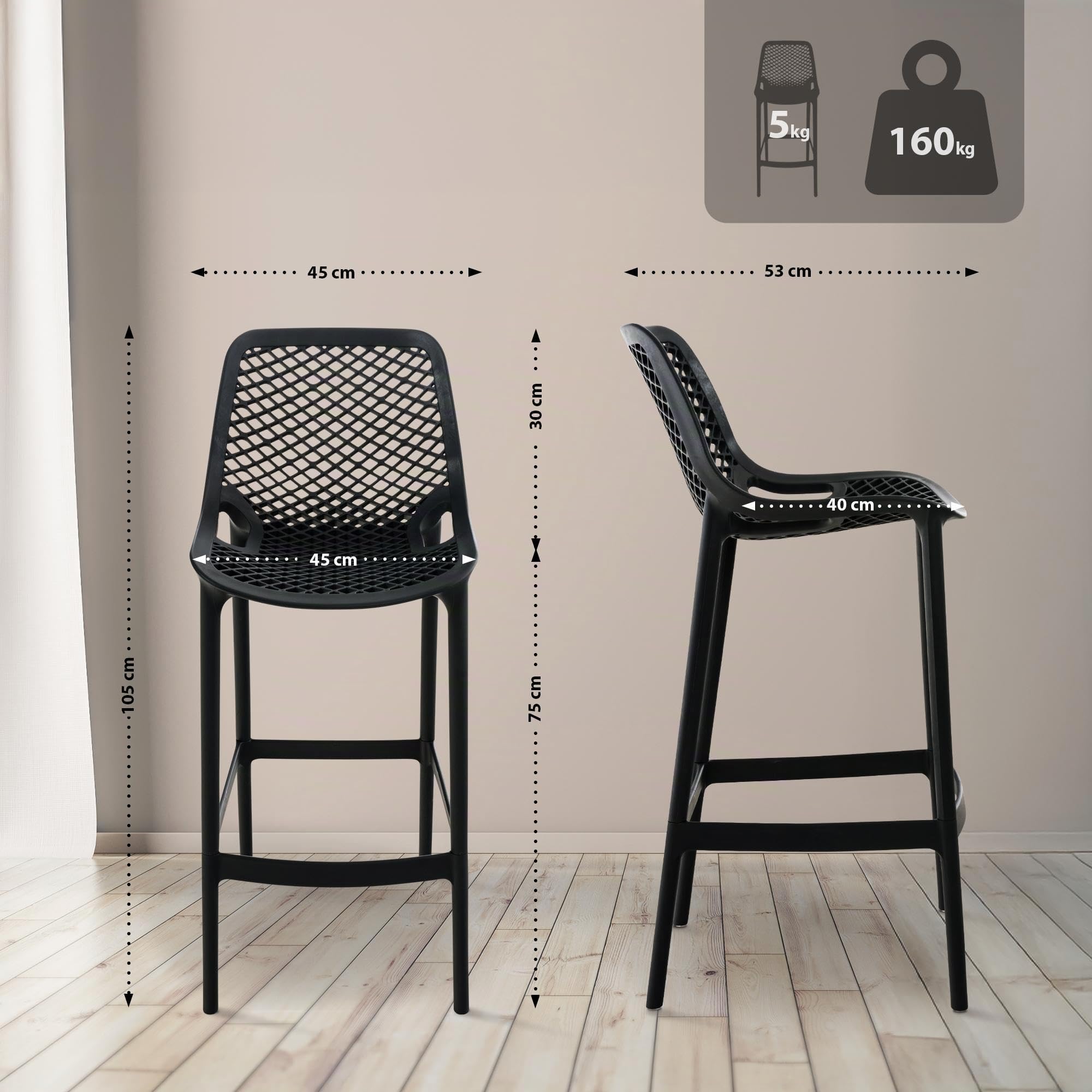 CLP Lot de 2 tabourets de Bar Jardin Air, chaises de Jardin Dossier, tabourets de comptoir résistants aux intempéries, UV, polypropylène, Couleur:Noir