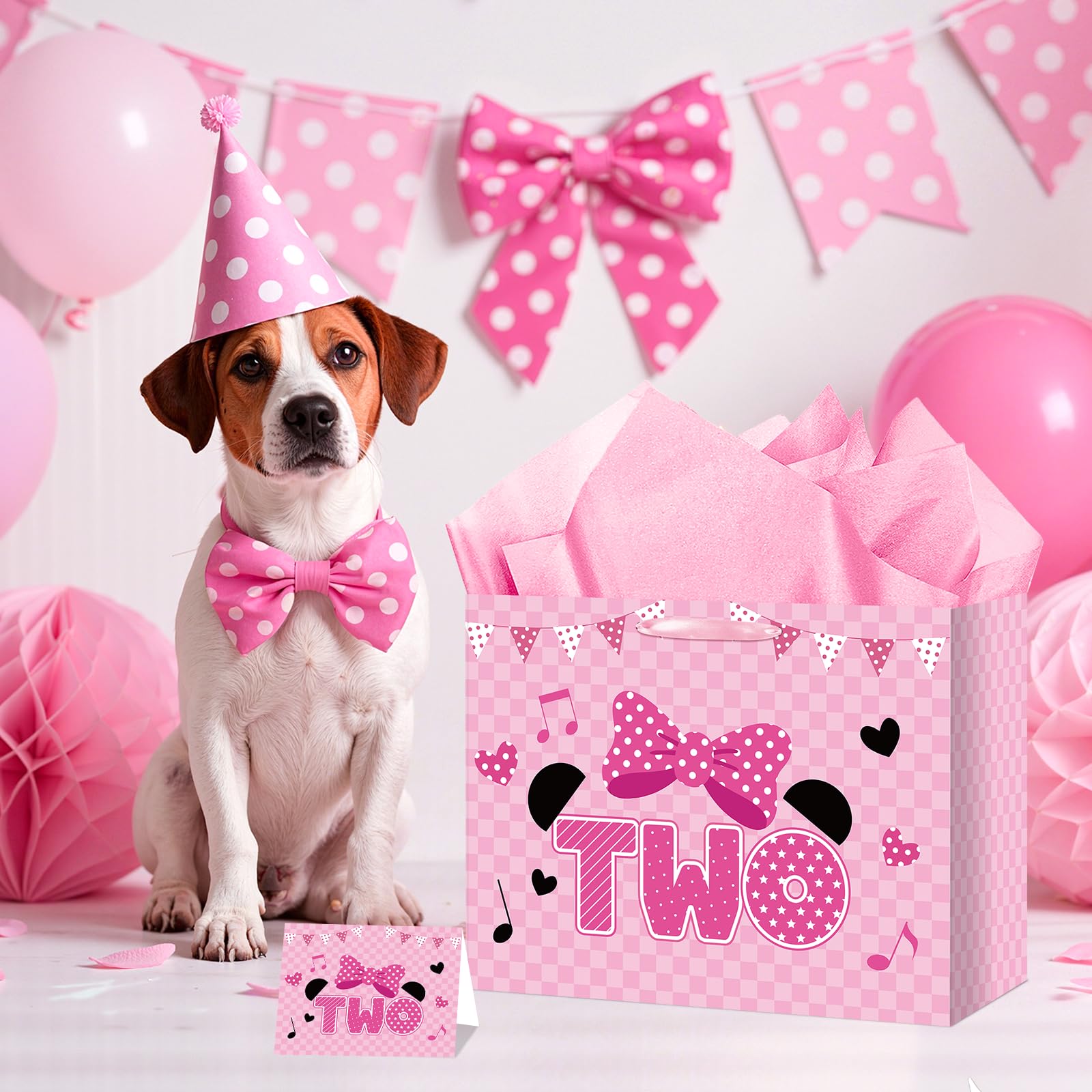 Cartoon Mouse 2nd Birthday Gift Bag Pink Mouse 2nd Birthday Bag with Tissue Paper and Card Pink Plaid Bow Two Years Old Gift Wrapping Paper Bags for Baby Girls Shower Princess 2 Year Old Party Decor