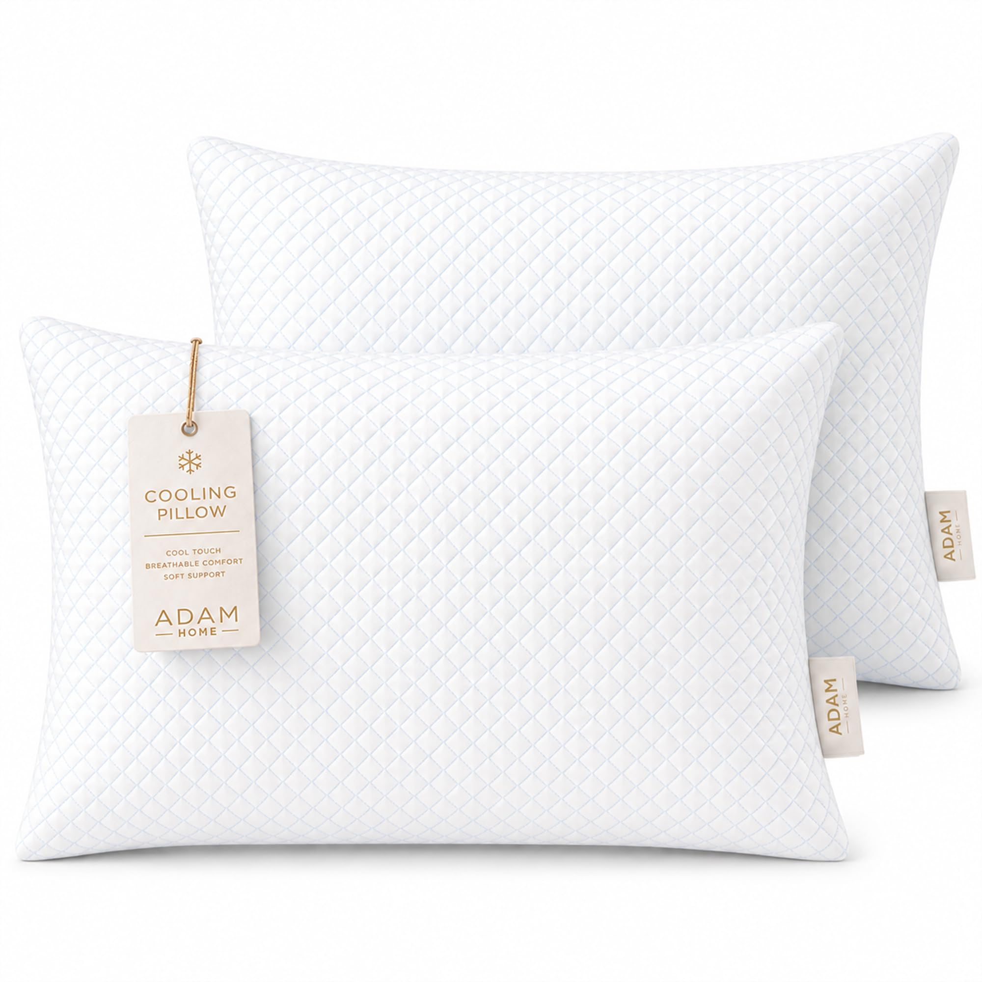 Adam Home Cooling Pillows, Cool Touch Breathable Cover, Soft Hollowfibre Filled, Lightweight & Supportive Bed Pillows for Comfortable Night’s Sleep, Pack of 2