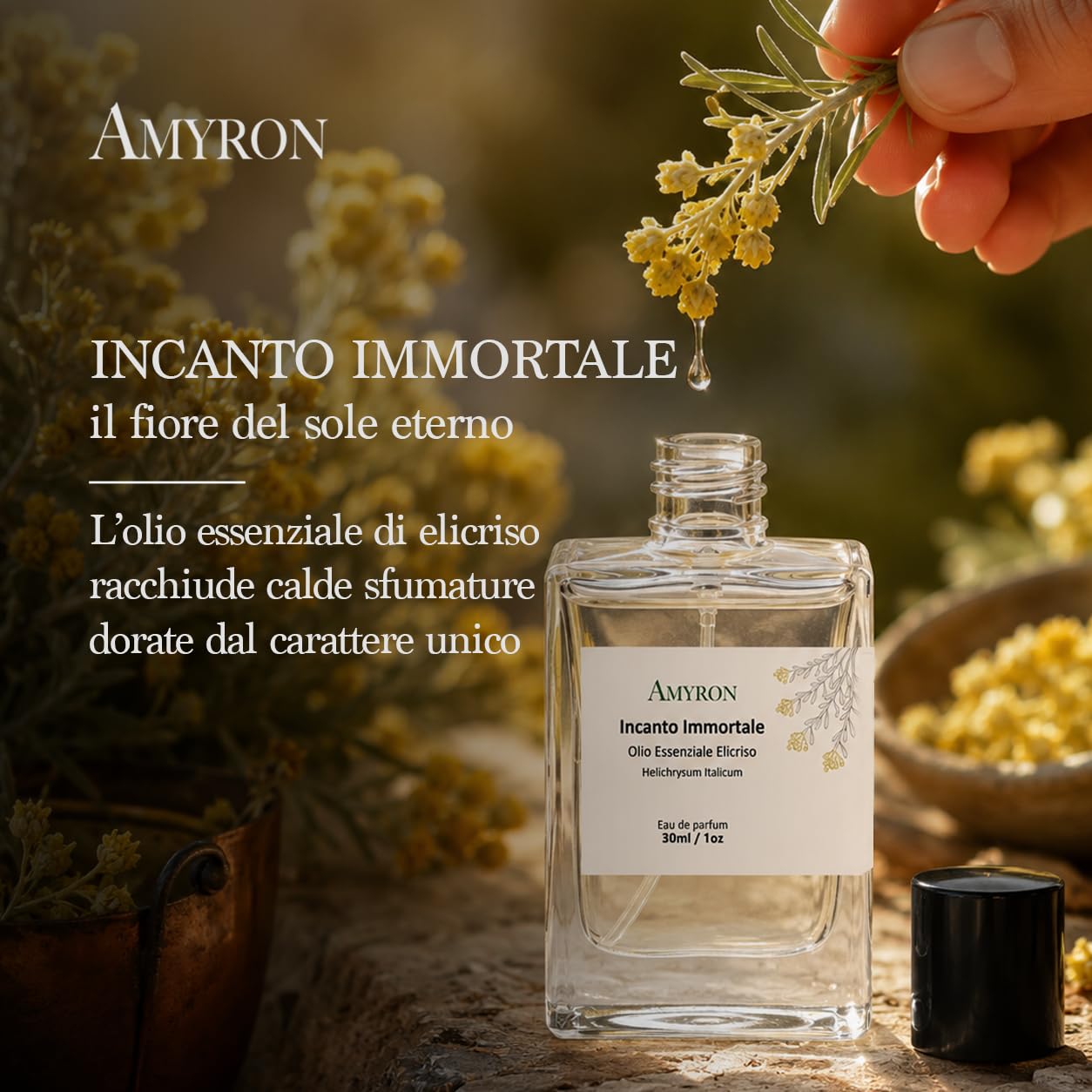 Profumo Botanico Incanto immortale 30ml AMYRON, Creato Con Ingredienti Al 100% Naturali A Base di Olio Essenziale Elicriso/Fragranza Artigianale Made In Italy.