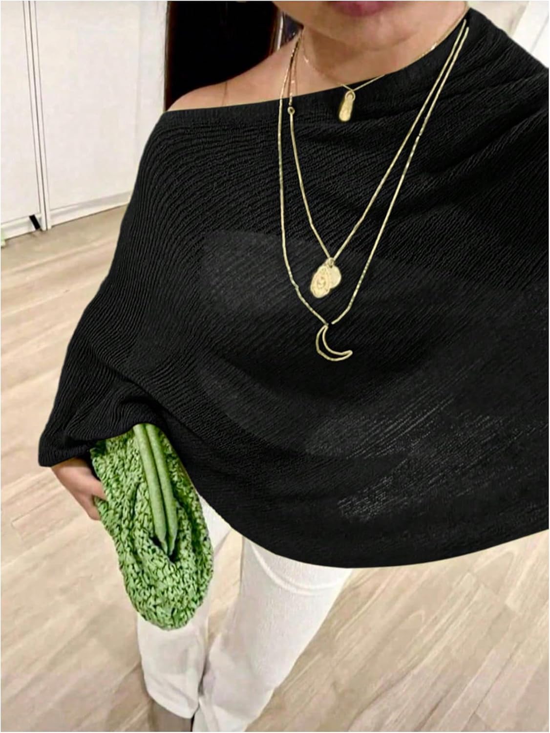 SHENHE Women's Sheer Poncho Shrug Top Lightweight Flowy Knit Sweater Poncho Pullover - Image 4