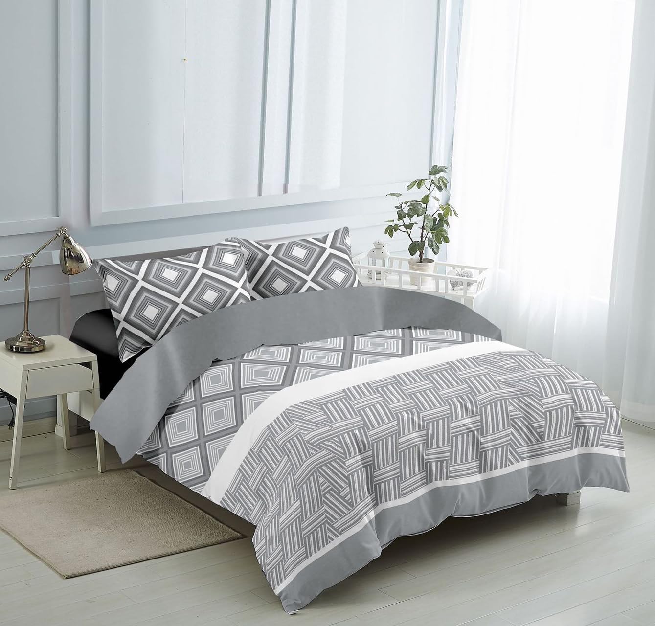Juego de Funda Nórdica 4 Piezas Cama 150 Microfibra Suave Transpirable - 1 Funda Edredón 240x220 cm, 1 Bajera 150x200+28 cm y 2 Fundas de Almohada 50x90 cm (Cuadro Gris)