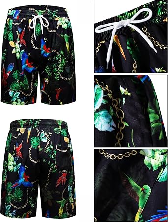 fohemr Outfit Men's Baroque 2-Piece Golden Chain Pattern Shirt Shorts with Bucket Hat Leisure Suit Summer Holiday Beach Set