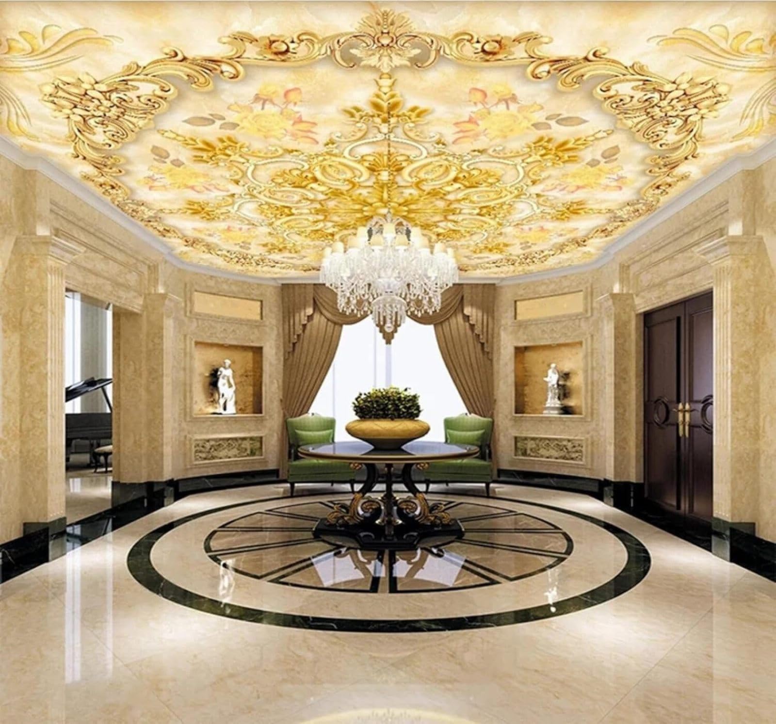 XLMING Creative Luxurious Golden Flowers Faux Marble 3D Wallpaper Silky Texture Home Study Office Grey Dining Room Sofa Bedroom Living Room TV Backdrop-200cm×140cm