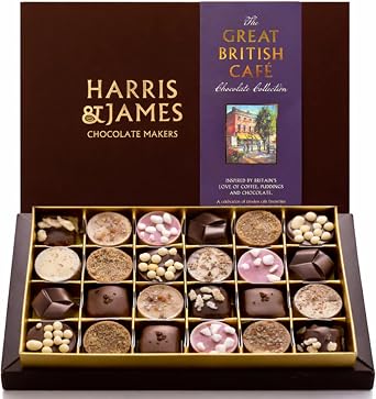 Harris & James Great British Caf  24 Piece Chocolates Gift Box. Handmade Luxury Chocolates - A Celebration Of Timeless Caf  Favourites From Silky Lattes To Classic Desserts.