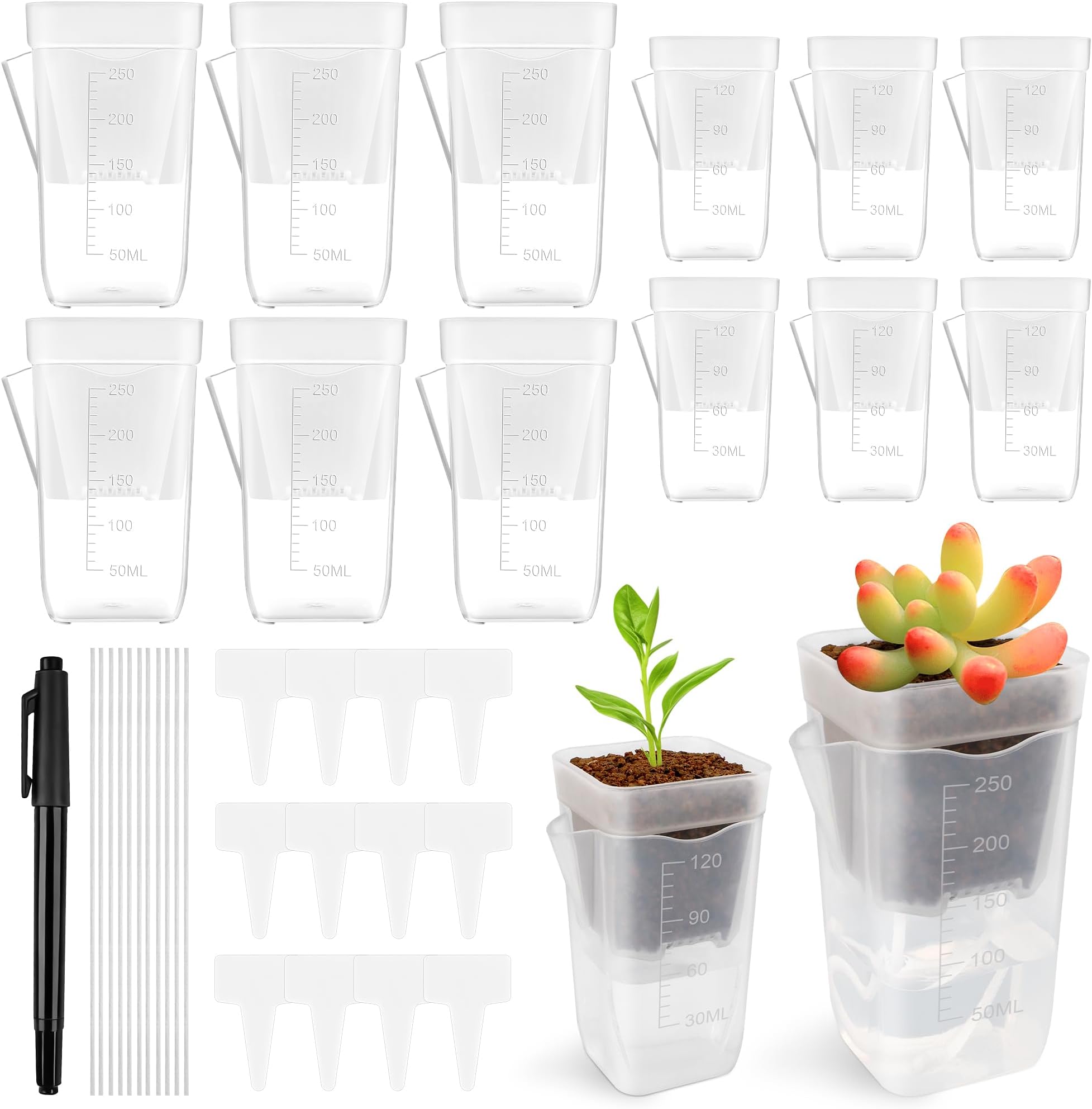 Windspeed 6+6P Mini Clear Self Watering Pots with Indicator 2.5 in 2 in Semi Clear Hydroponic Pots for Indoor Small Plants, Mini Self Watering Planters with Water Level Markings, Drainage Hole