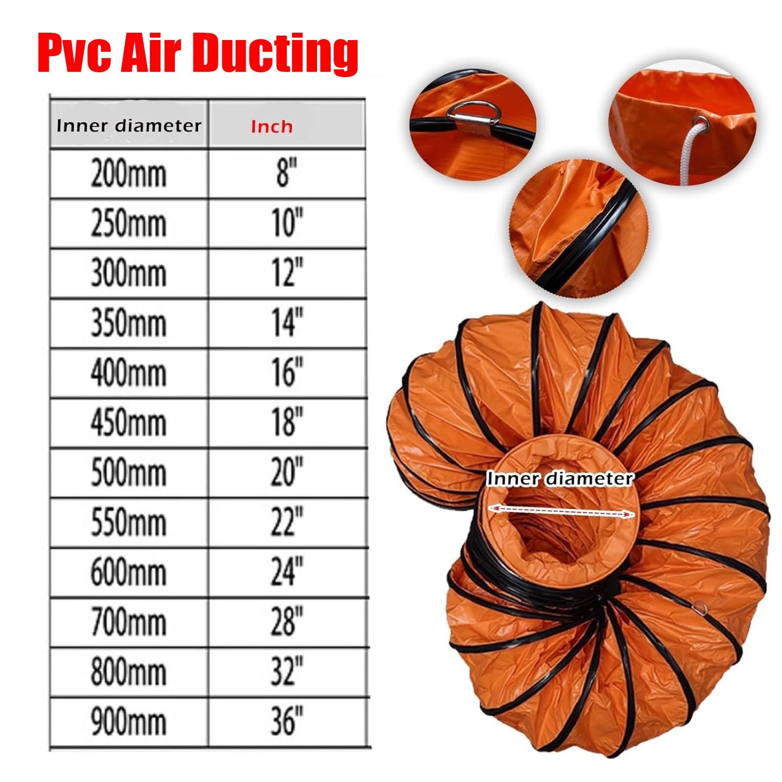Conducto Flexible ignífugo de Tela de Nailon de PVC de 6,5 a 33 pies con Cuerda Ajustable, Anillos en Forma de D y Soporte de Acero, Apto para Colgar libremente y para Soporte de v