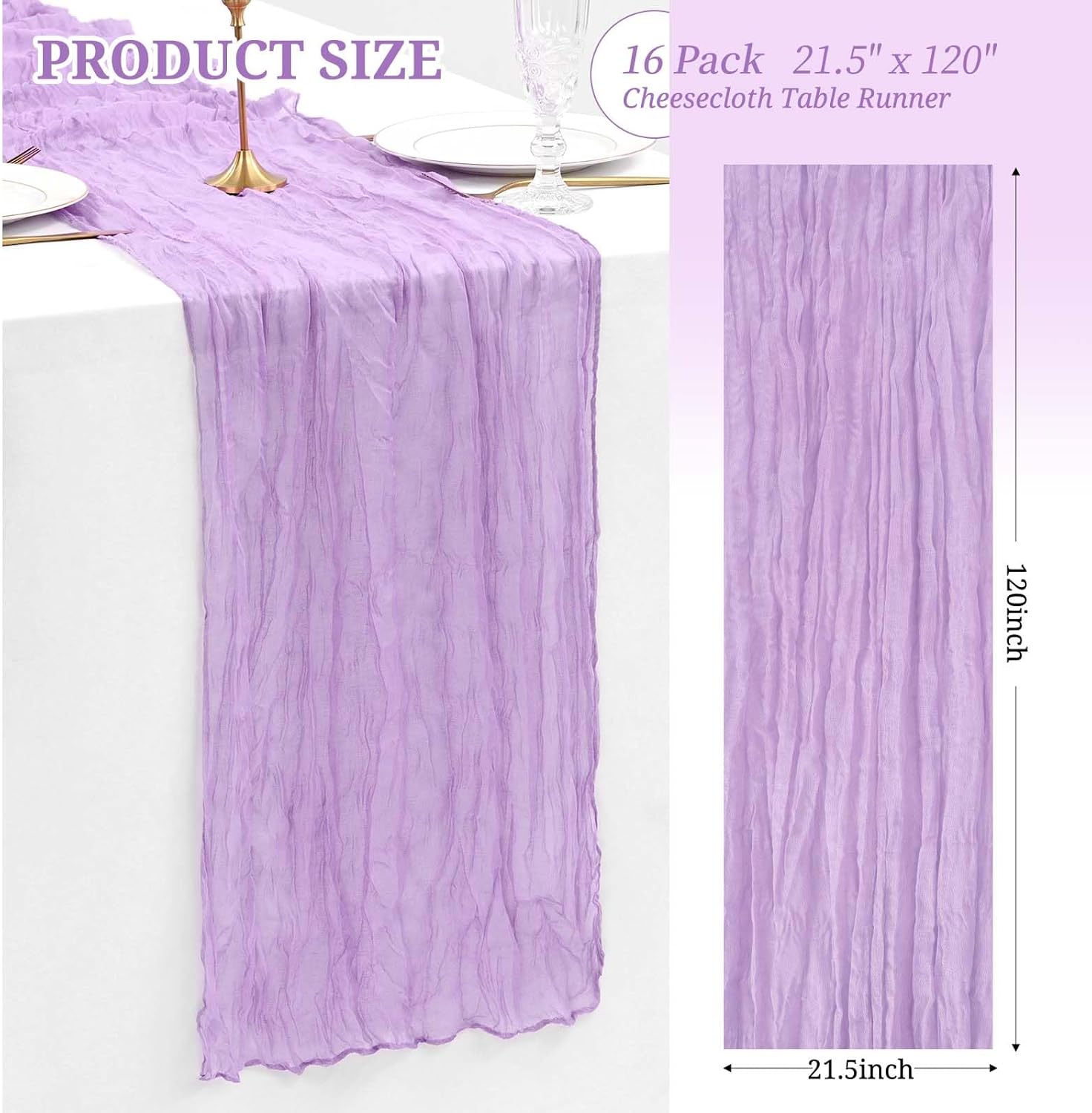 16 Pack Lavender Cheesecloth Table Runner Gauze Table Runner 21.5 x 120Inch Long Semi-Sheer Table Runner Boho or Rustic Wedding Table Decor for Wedding Decor Arch Draping Bridal Shower Party