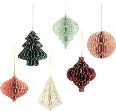AOBKIAT Christmas Party Decorations,6 PCS Glitter Edge Honeycomb Ornaments | 3D Mini Paper Honeycomb in Green,Red,for Christmas Tree Decor,New Years,Home Decor