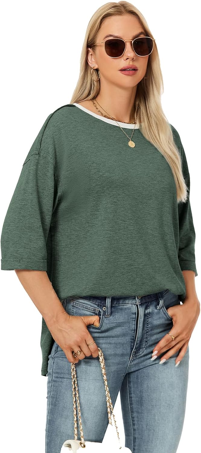Womens Oversized Fall Tops Half Sleeve Drop Shoulder Crew Neck Summer Tee Shirt Loose Fit Basic Shirts - Image 3