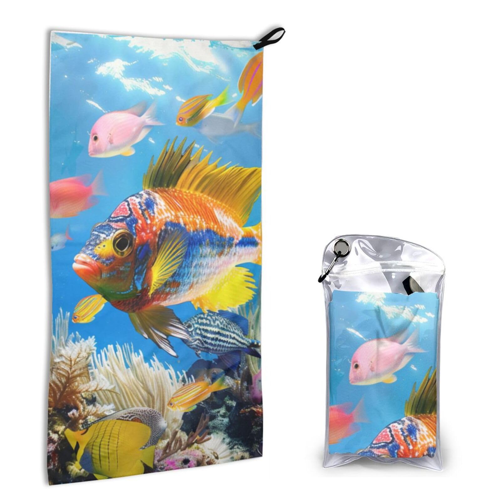 BWWHCCTI Quick Dry Hand Towel With Bag - Colorful Fish Printed Super Absorbent Face Cloth Microfiber Travel Sports Towels 40x80cm
