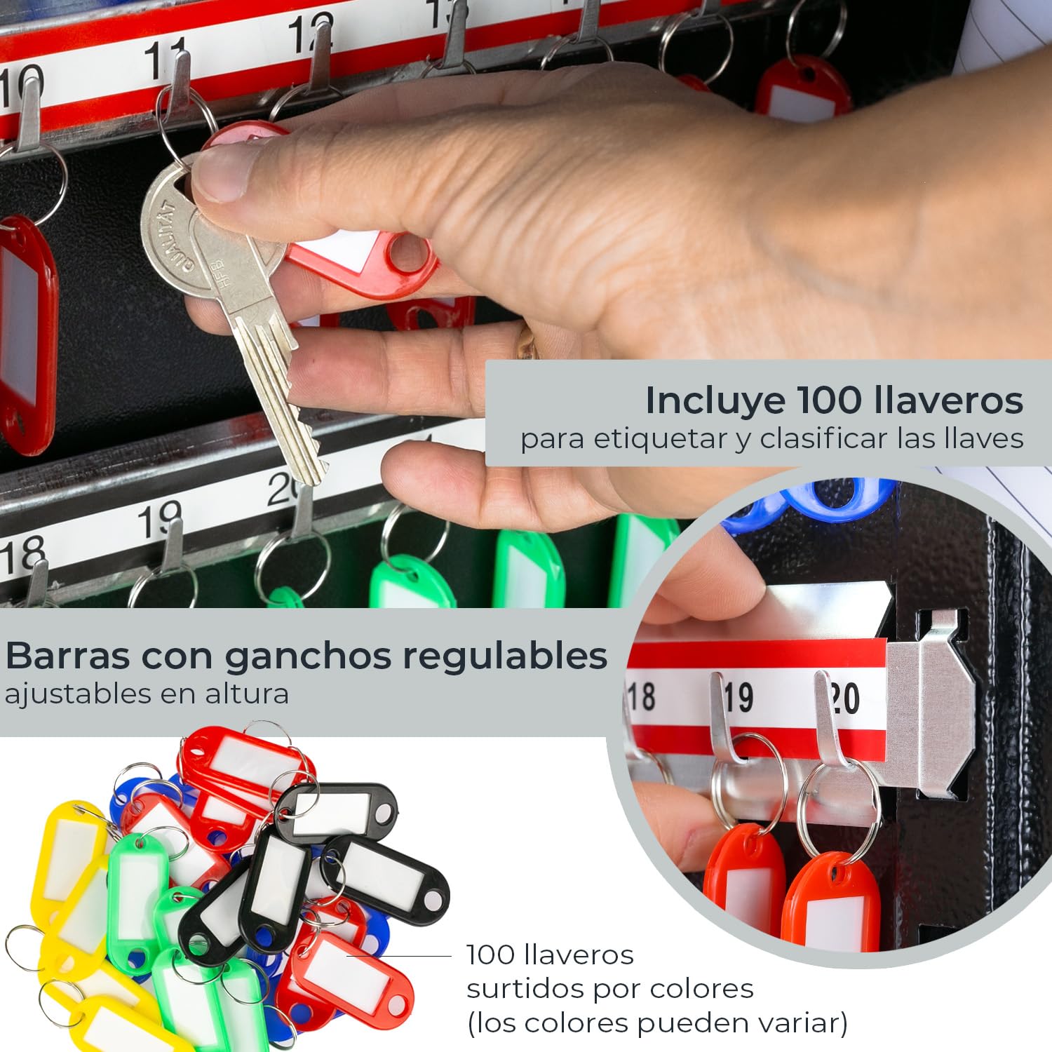 HMF Armario para Llaves Grande de Acero, Caja Llaves Pared con Cerradura para Oficina, administración o Flota de vehículos | 100 Ganchos para Llaves | 55 x 38 x 8 cm | Negro