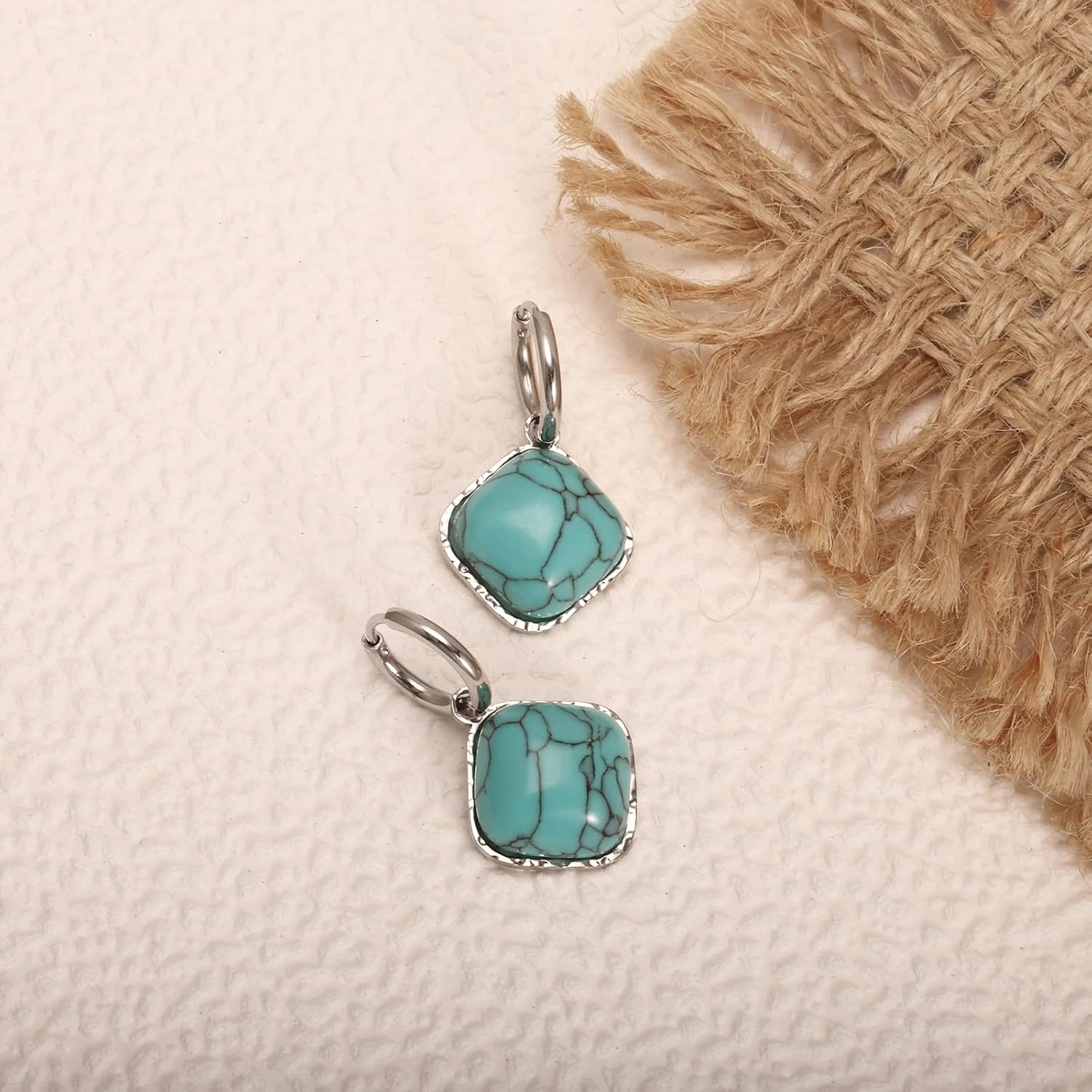 Turquoise Earrings for Women Western Turquoise Jewelry for Women Dainty Square Gemstone Hoop Silver Plated Stainless Steel - Image 6
