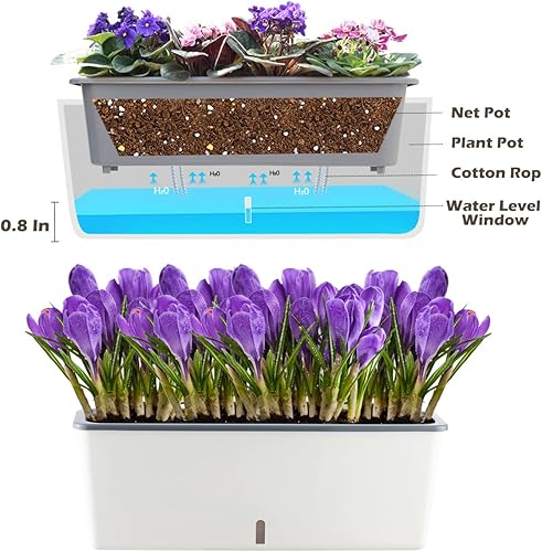 Miniatura 4 de Paquete de 3 macetas rectangulares de riego automático para plantas de interior de 17 x 4.7 pulgadas, jardineras rectangulares para alféizar de