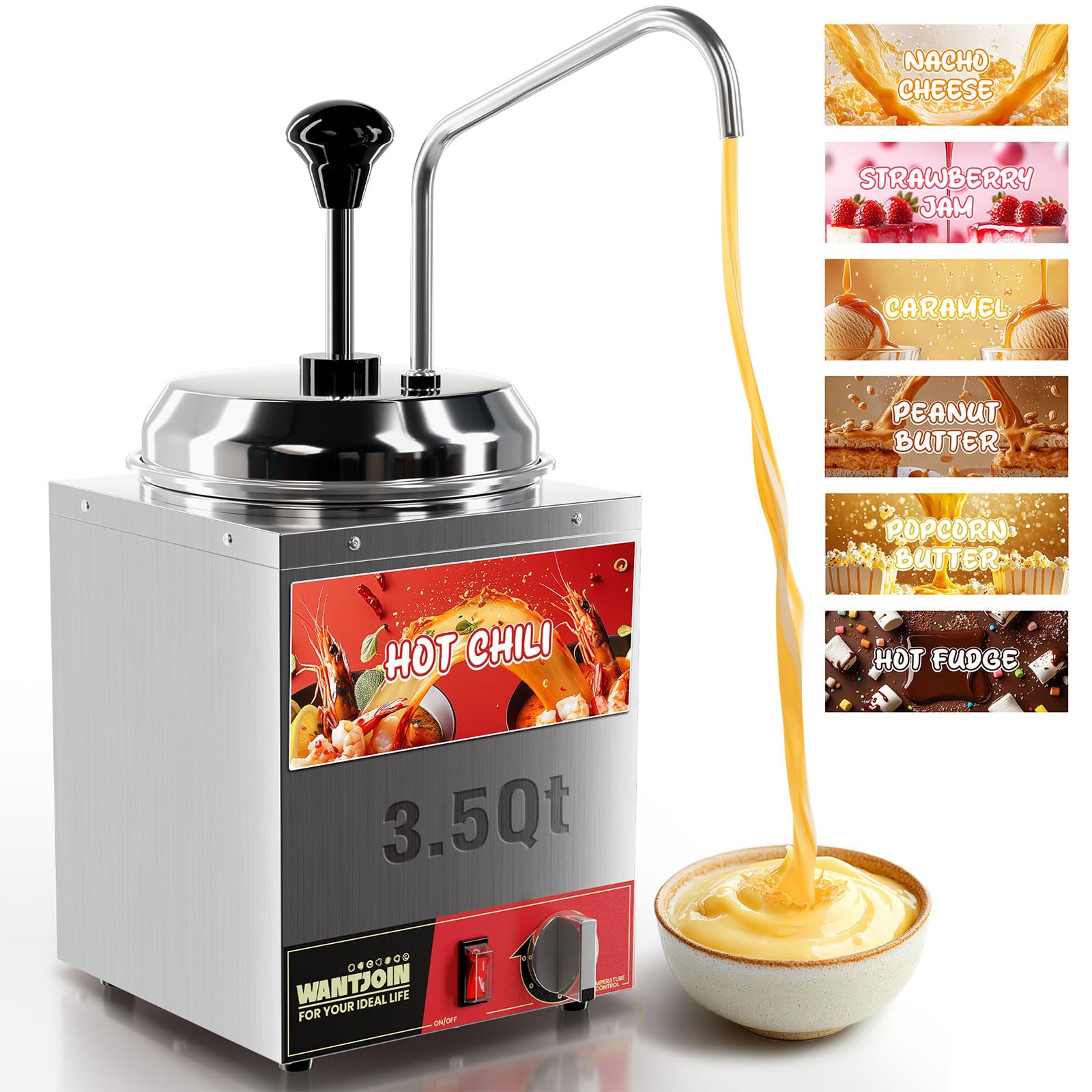 wantjoin nacho cheese dispenser with pump - 3.5qt cheese w/warmer stainless steel pump hot fudge warmer 86-185°f temperature control, commercial nacho cheese warmer dispenser for hot fudge caramel