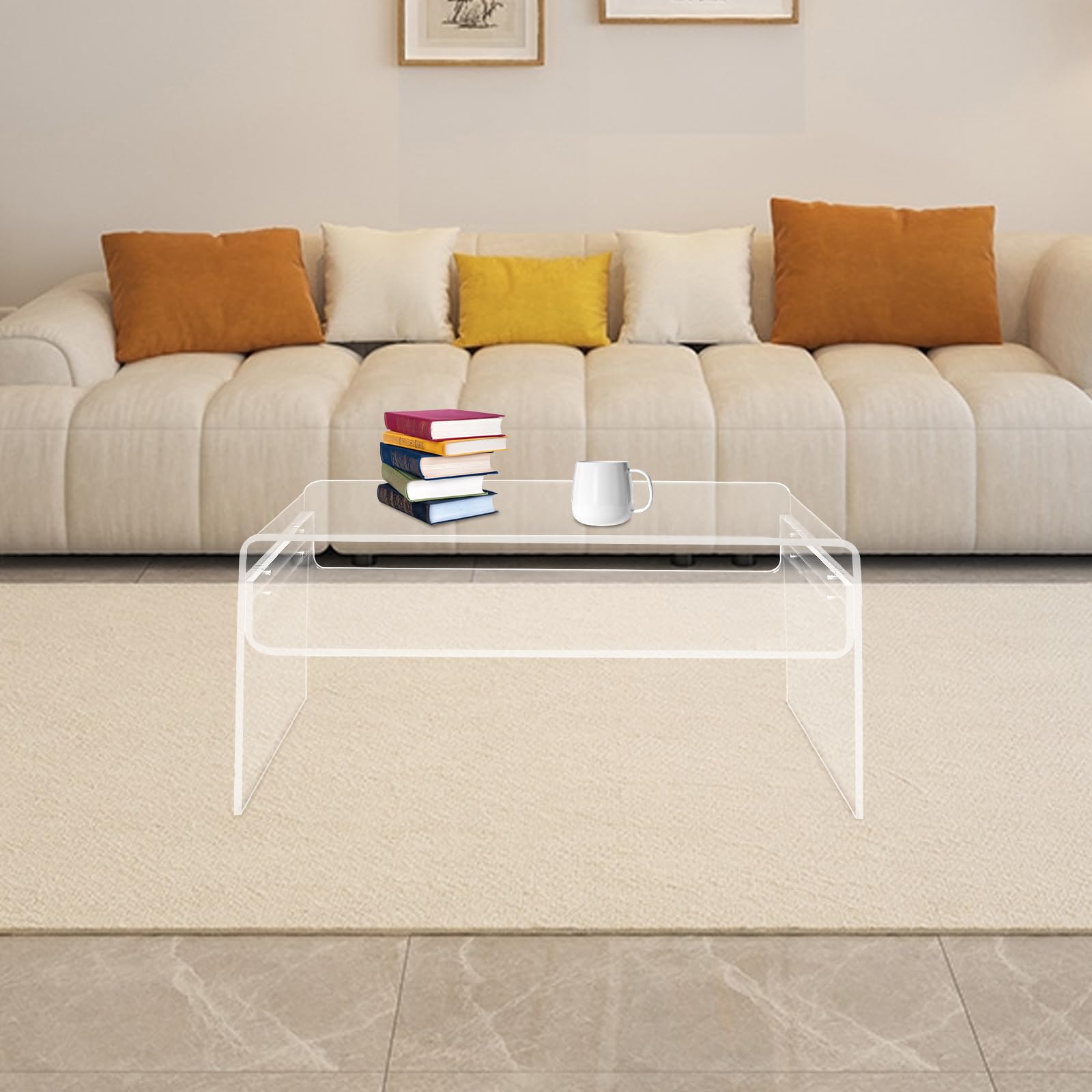 Acryl Beistelltisch Couchtisch Coffee Table Wohnzimmertisch, Moderner Transparenter Wohnzimmer Tisch Tragkraft 60 kg, für Kaffee, Bücher, Snacks und Tassen, 88 x 58 x 18 cm