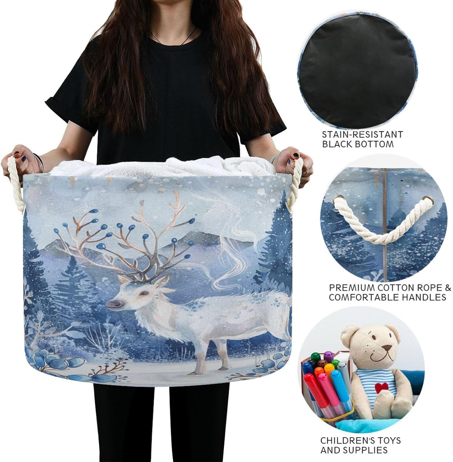 senya Winter Basket Storage, White Reindeer in The Snow Storage Bin Box Laundry Hamper Organizer Bag with Handles for Clothes