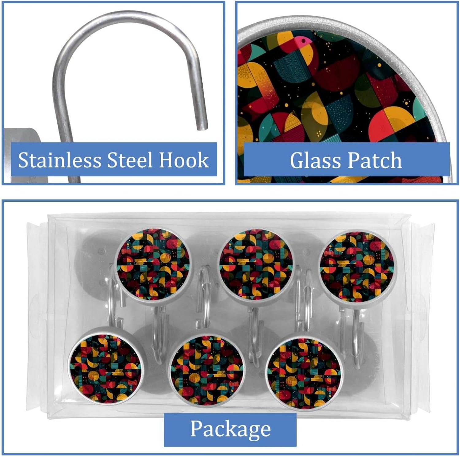 12PCS Retro Pattern (6) Shower Curtain Hooks Rings for Bathroom, Decorative Shower Curtain Hooks Rods Curtains and Liner