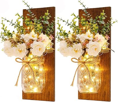 Derefine 2PCS Rustic Wall Decor, Mason Jars Wall Sconces, with Remote Control LED Lights and Flowers, Hanging Mason Jar for Farmhouse Kitchen Decorations Wall Decor Brown