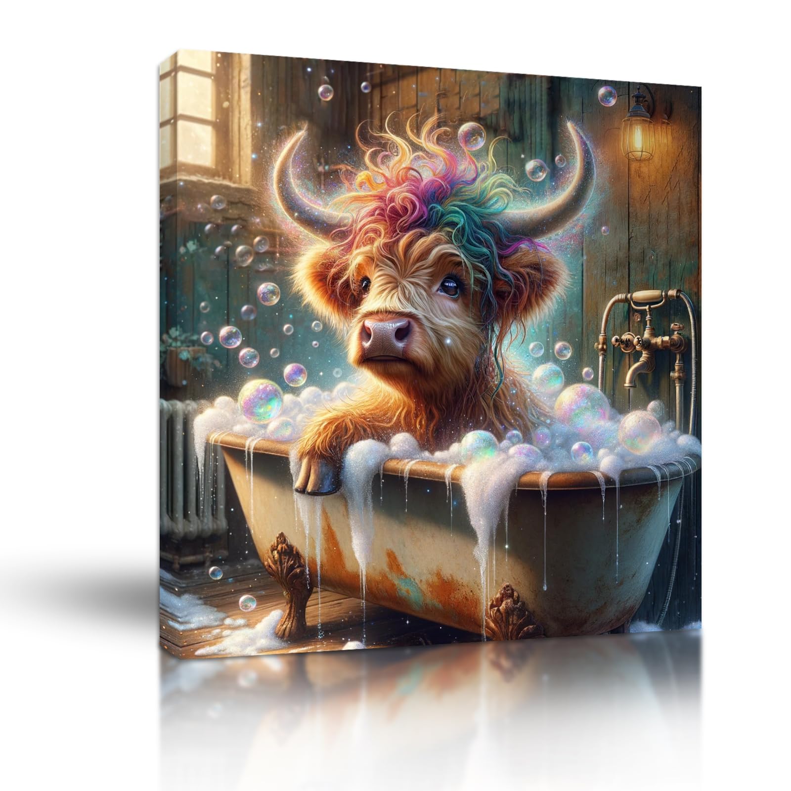 Eiictneh Highland Cow Wall Art,Funny Bathroom Wall Art Decor, Farmhouse Highland Cow Canvas Wall Art Decor Poster for Bathroom Wall Art Decor, Canvas Bathing Animals Abstract (12x12 inch)