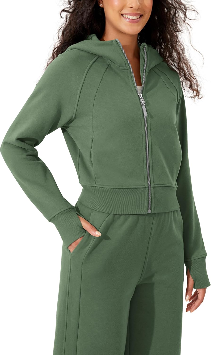 ODODOS Full-Zip Cropped Hoodies for Women Fleece Lined Long Sleeve Crop Sweatshirts with Thumb Hole