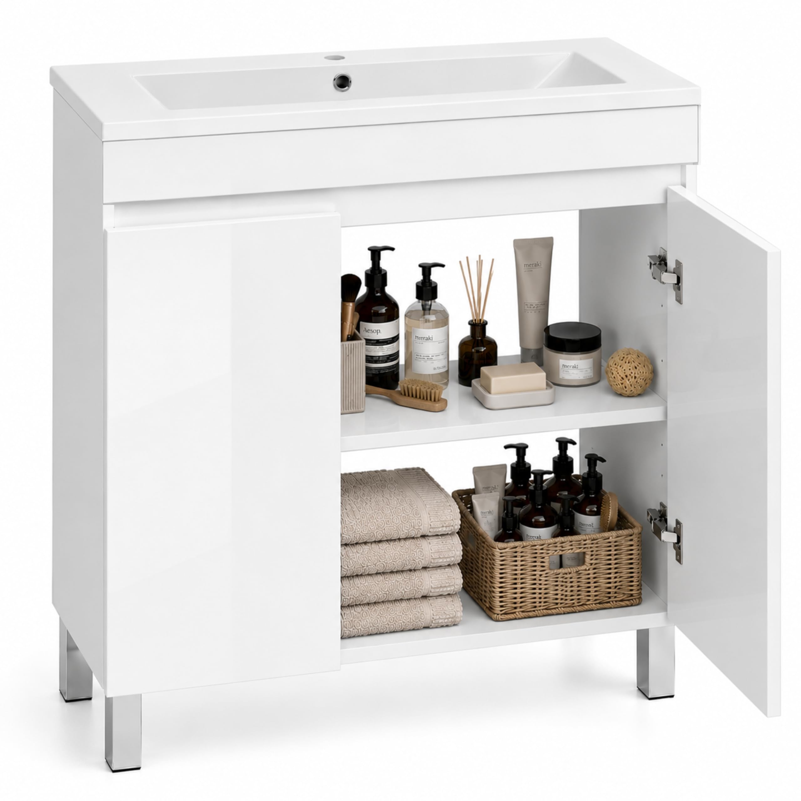 Lavabo con armario de 80 cm Valencia en color blanco brillo con 2 puertas