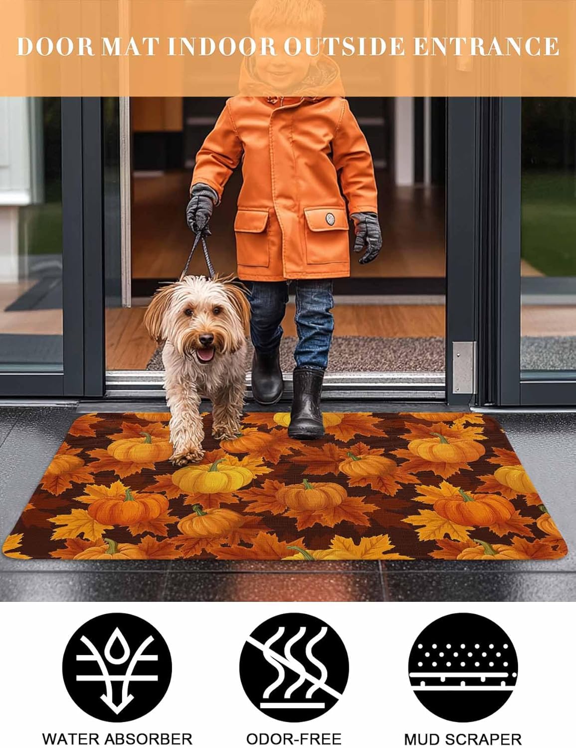 Fall Door Mat Orange Harvest Pumpkin Doormat Autumn Maple Leaf Harvest Thanksgiving Welcome Mat Non Slip Rubber Entryway Front Rug Floor Mat for Indoor Outdoor Kitchen Autumn Holiday Home Decor 24x36
