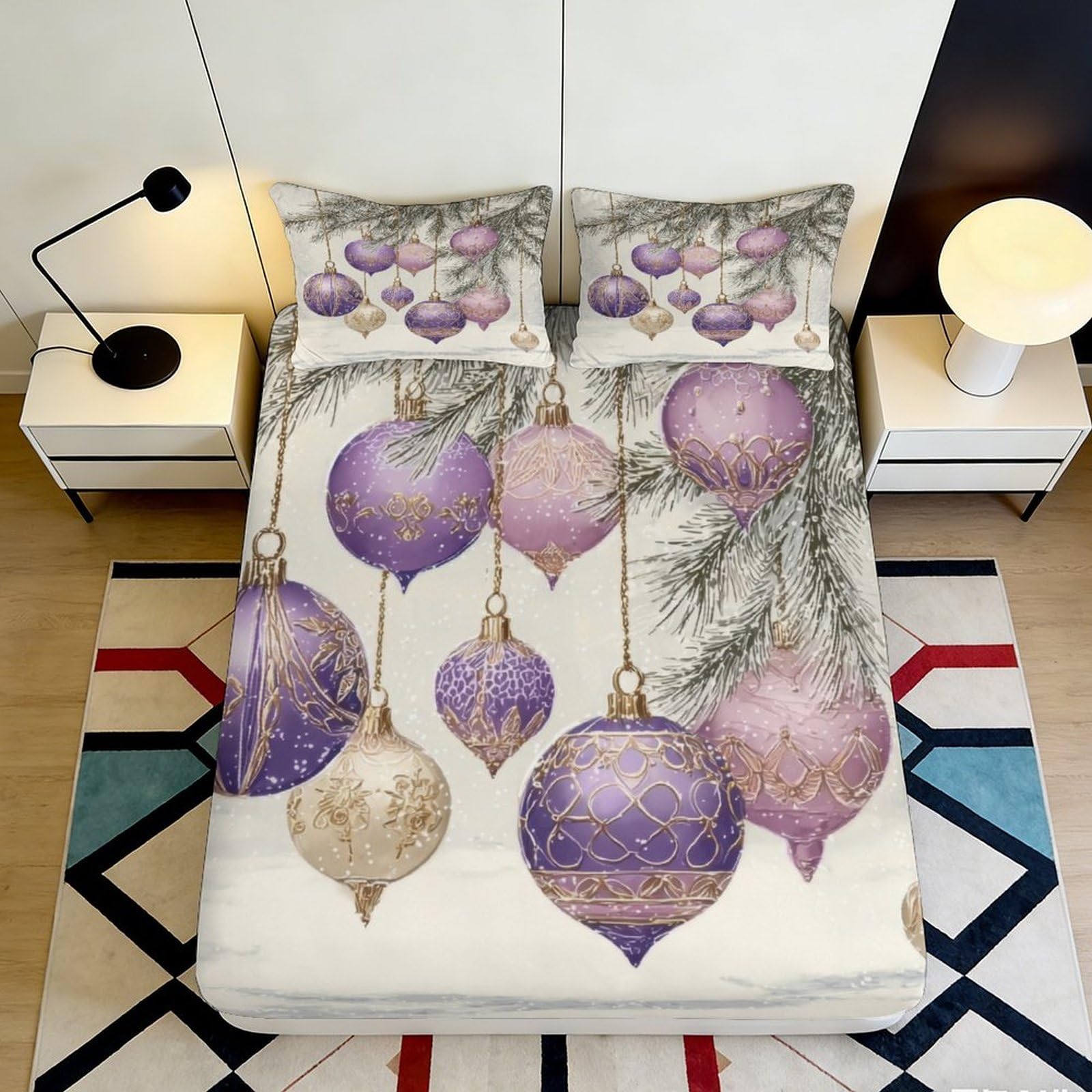 3D Printed Purple Christmas Ornaments Fitted Sheet Microfiber Soft Bedroom Decor Gold Baubles Mattress Cover 120x200cm 160x200x25cm