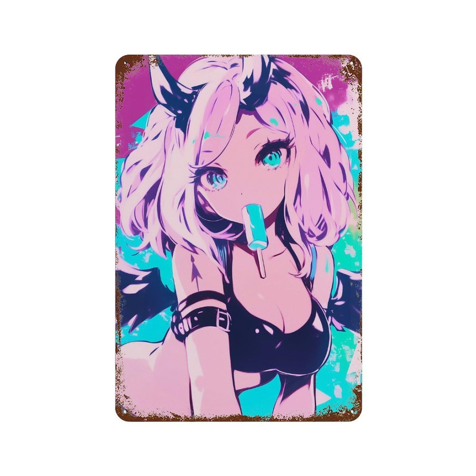Anime Girl with Devil Horns 11.8"x7.9" Vintage Rust Metal Sign, Classic Wall Plaque for Pub, Kitchen And Man Cave Decor
