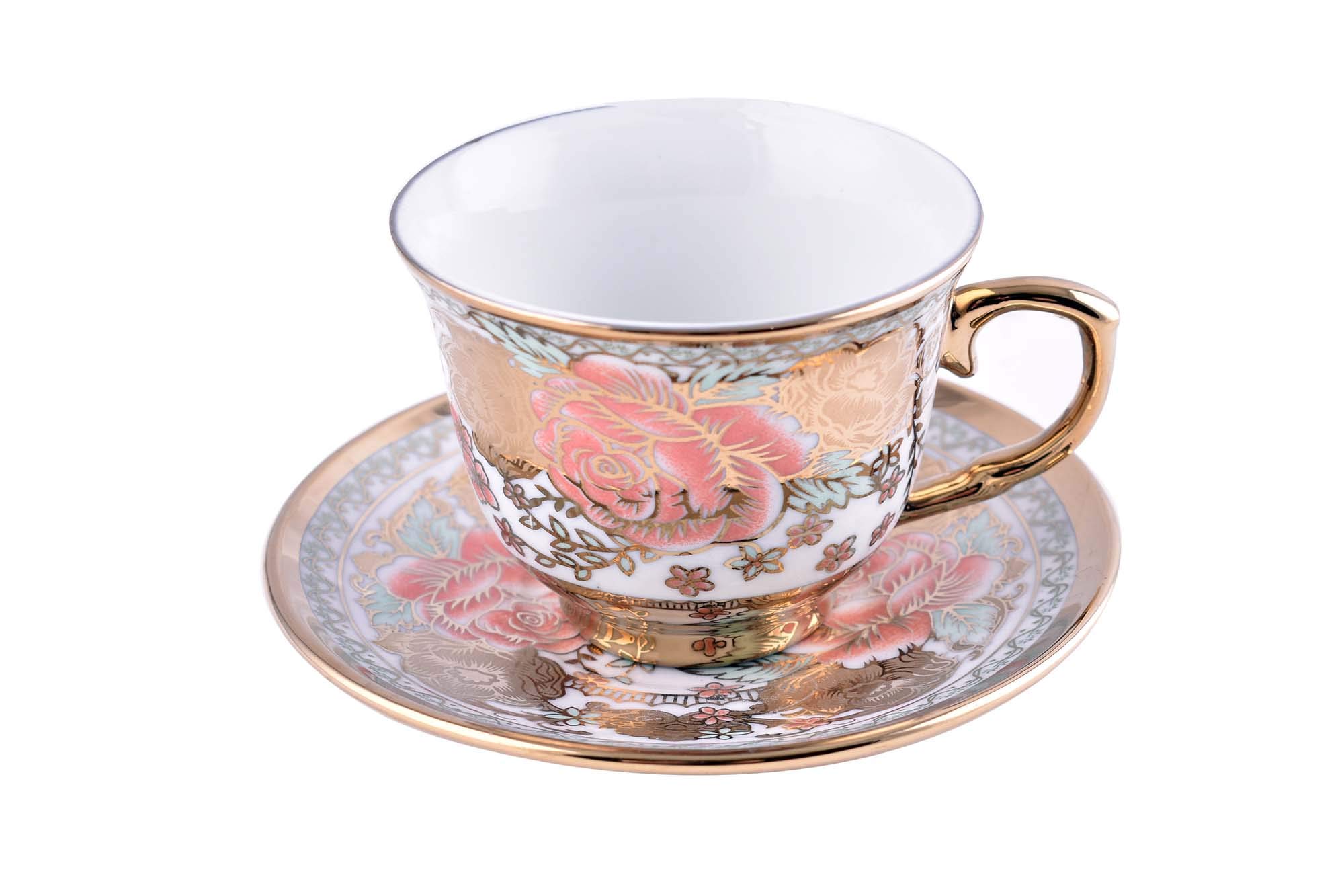 Porcelain Coffee/Tea Set of 12 Pieces with Gold Metal Stand- Beautiful Flower Design