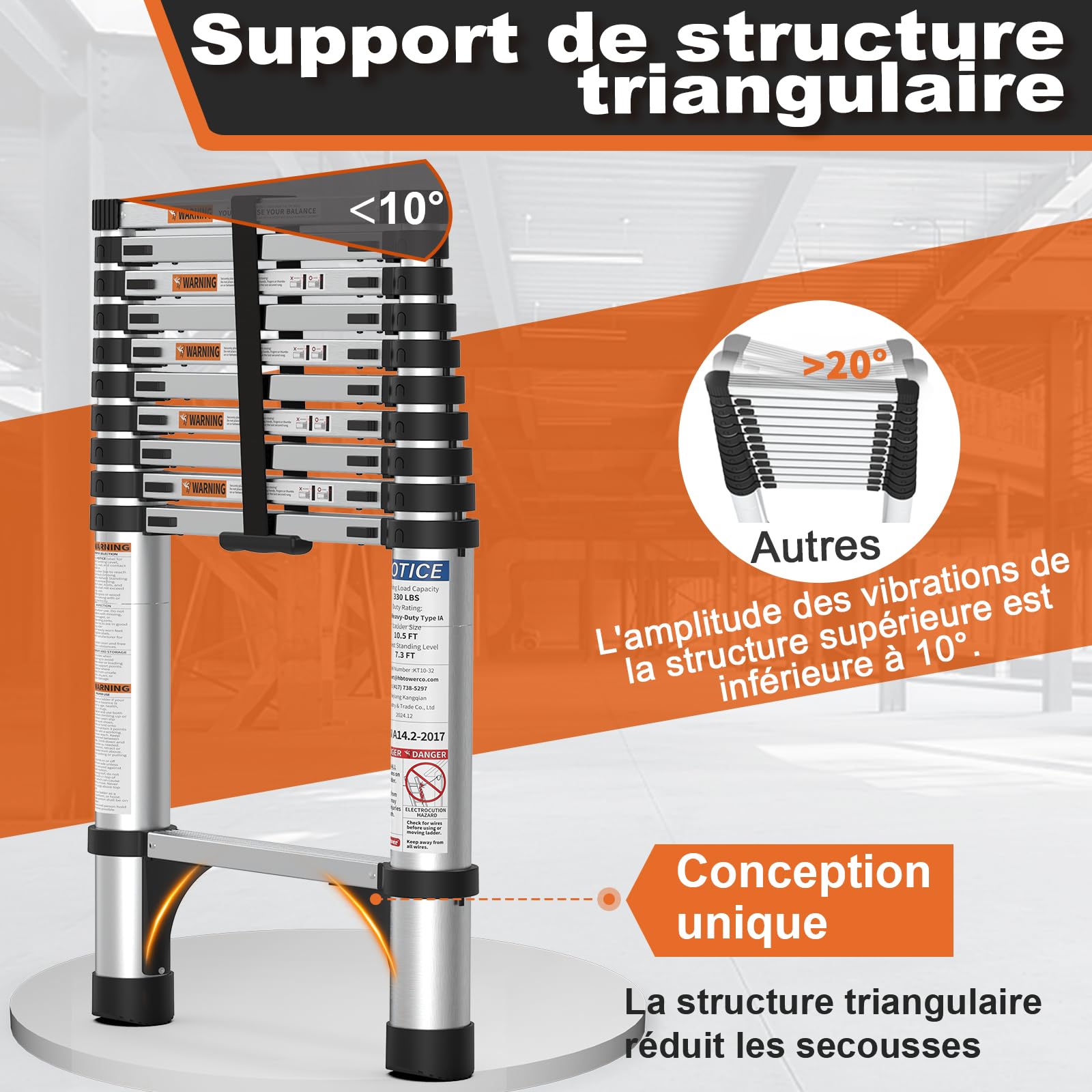 HBTower 3.2M/10.5FT Echelle telescopique, Escamotable en Aluminium,Echelle plianteConvient aux Camping-Cars, greniers, extérieurs et intérieurs, Charge Max 150 kg,Argenté