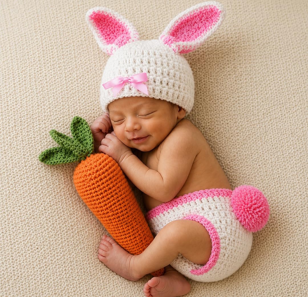 BabyMoon ( SET OF 2 Rabbit Crochet New Born Baby Photography Shoot Props Costume (0-6 Months, Snow White)(Silk) 3